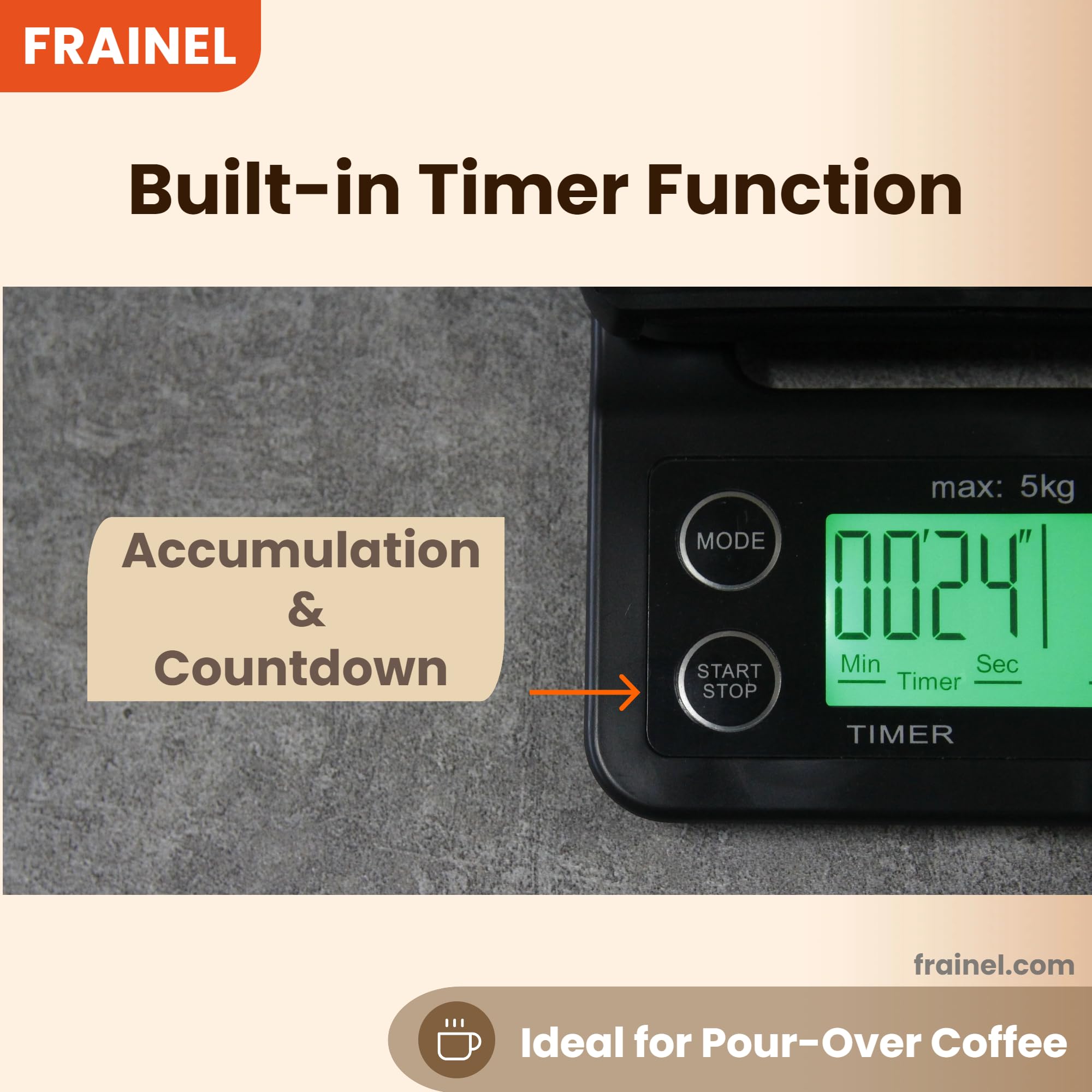 Pèse-personne numérique pour café expresso et pâtisserie avec minuterie intégrée (accumulation et compte à rebours), interrupteur d'unité, poids max 5 kg