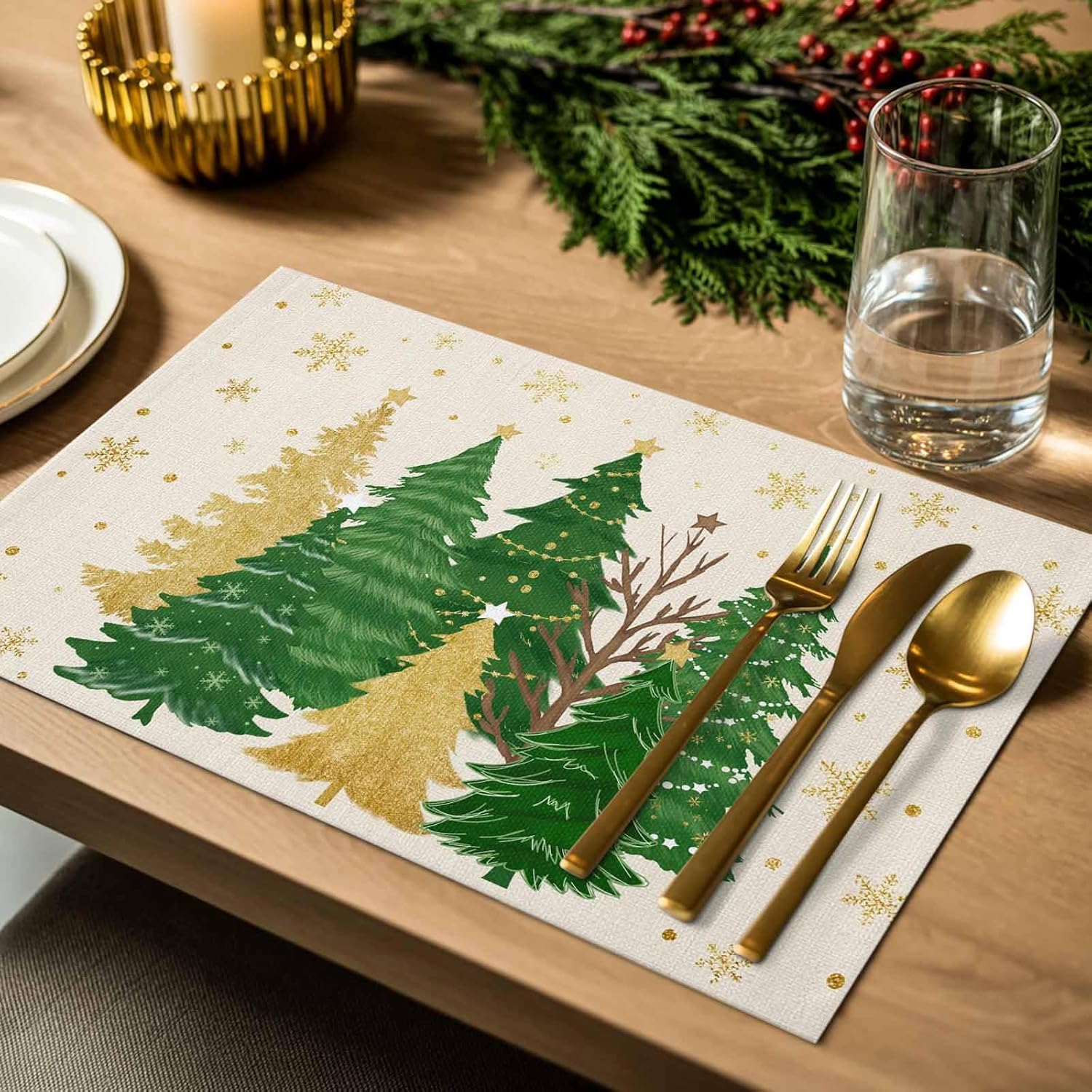 Christmas Tree Placemats Set of 6 Winter Snowflakes Table Mats Christmas Winter Holiday Decoration for Kitchen Dining Home Party