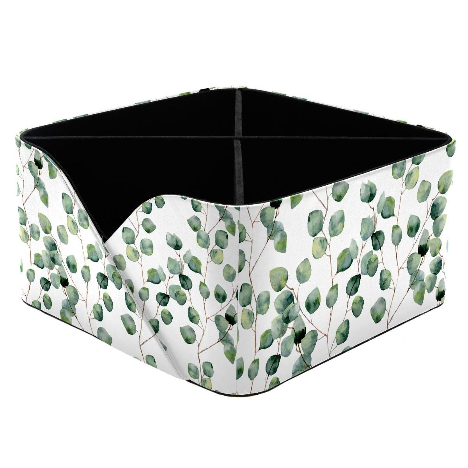 KengjuTesu Green Floral Eucalyptus Leaves Branches Watercolor Pattern Desktop Organizer Pen Holder, Rectangular Pencil Cup for Office, Study and Makeup Stations
