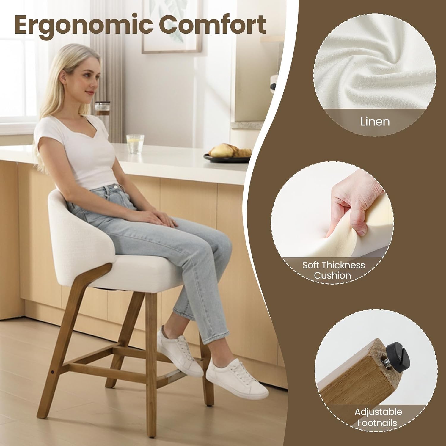 VESCASA 26" Barrel Counter Height Bar Stools Set of 4, Upholstered Counter Kitchen Chairs with Arm Wood Legs, White Linen
