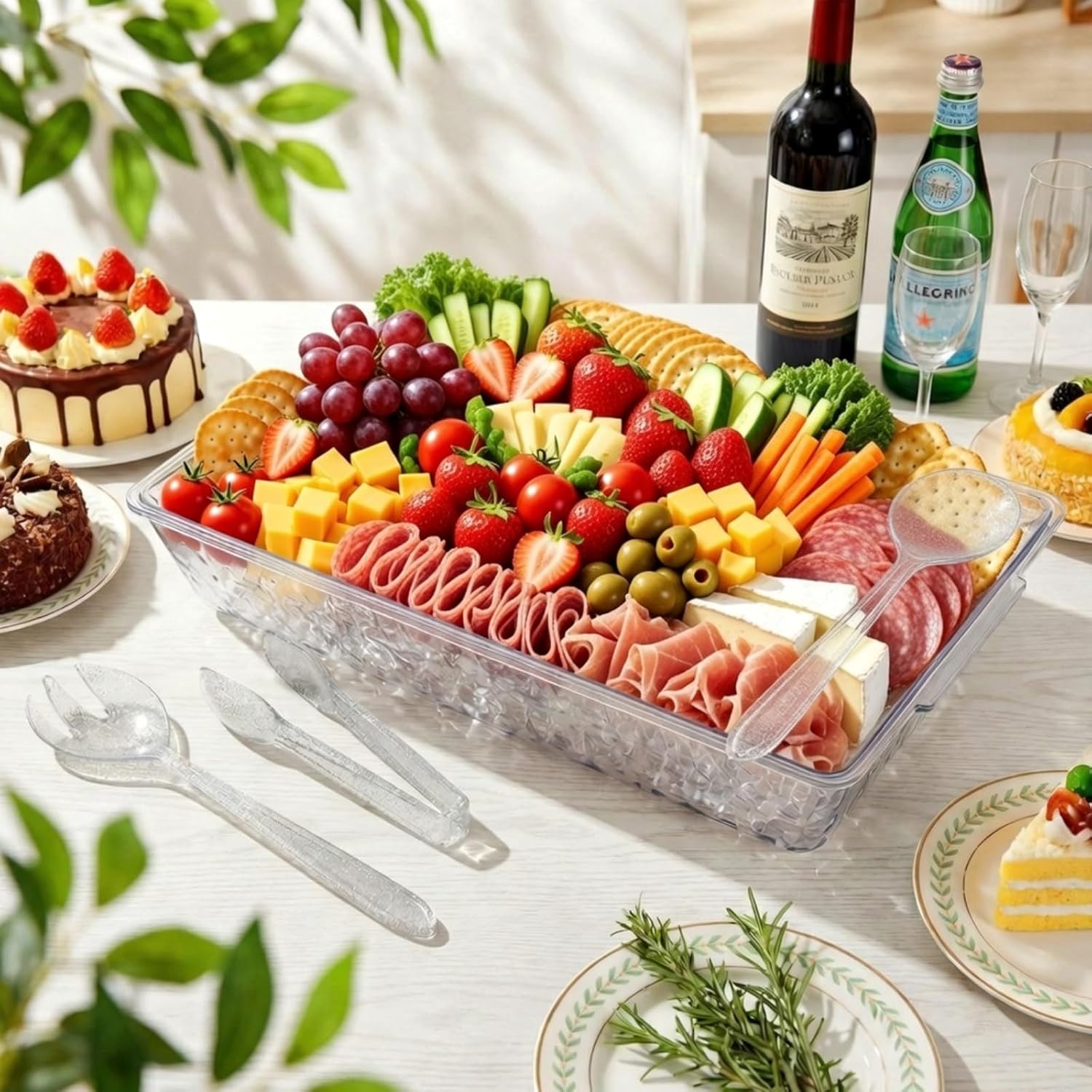 Baderke 16" x 9" Chilled Serving Tray for Parties with Compartments Ice Chilled Party Crudite Platter Charcuterie Serving Board Cold Dish Dip with Tableware for Seafood Vegetable(Silver Glitter)