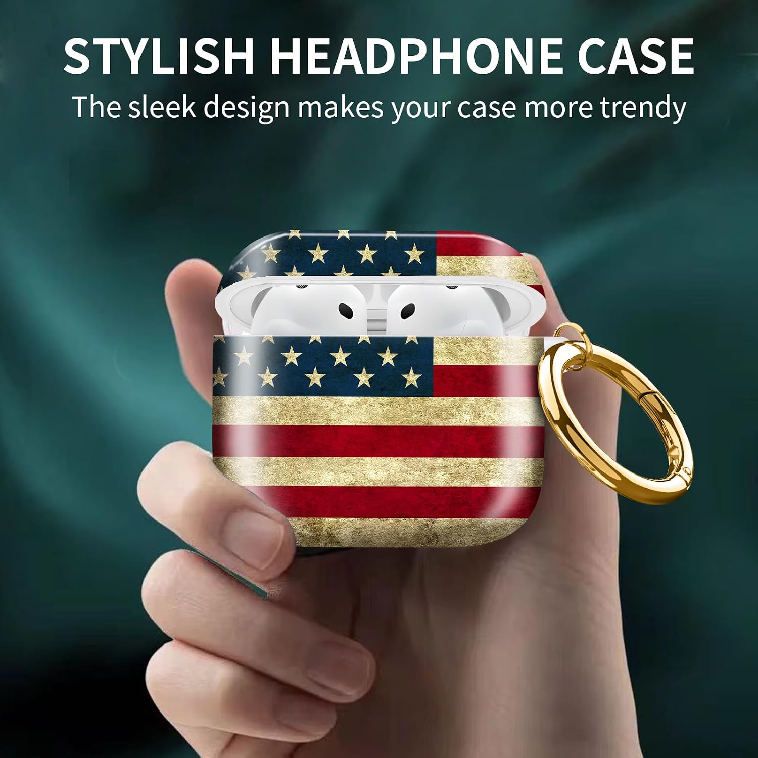 Cute Case Cover Compatible with AirPod 4th Generation 2024, Shockproof for Women & Girls with Cute Golden Round Buckle – Protective, Anti-Drop Design(American Flag)