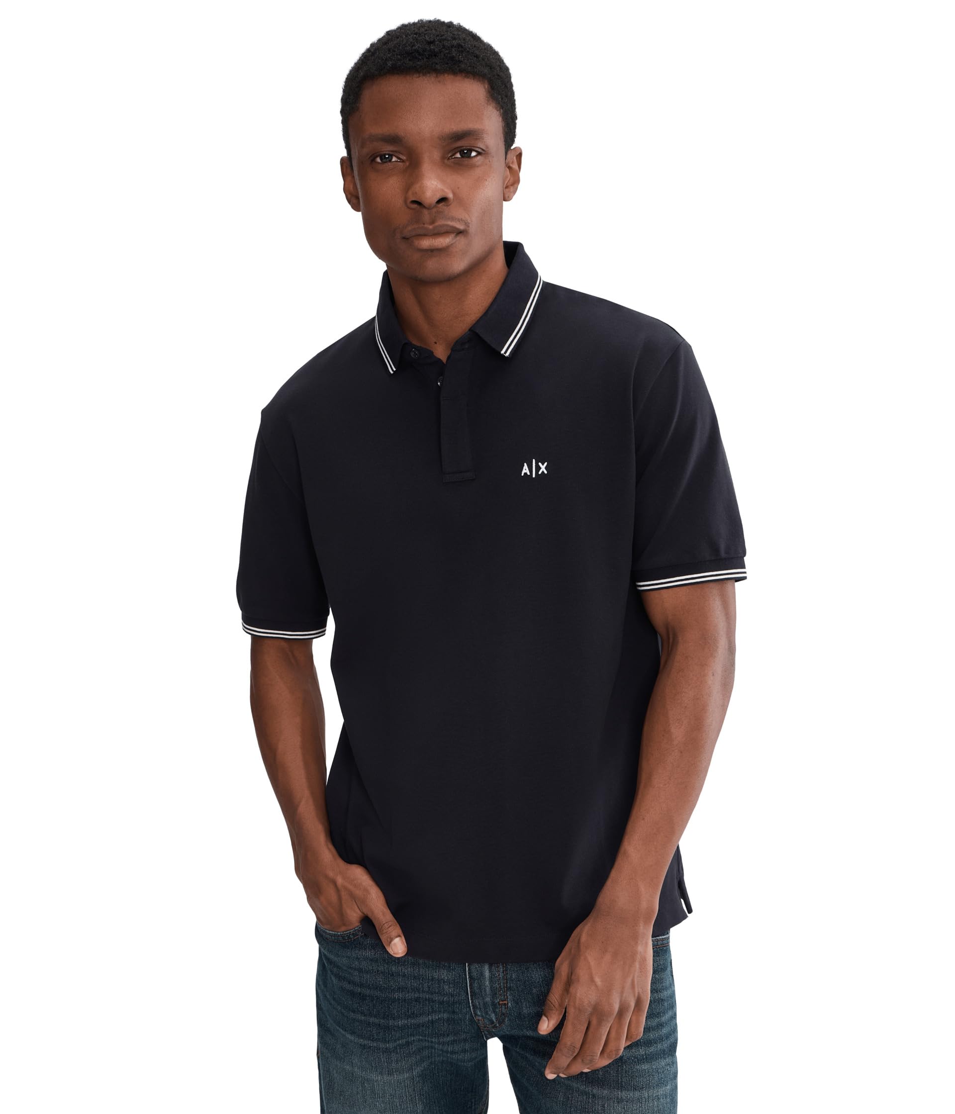 Armani Exchange Men's Essential Double Striped Sleeve and Collar Side Monogram Logo Polo Shirt, deep Navy, S