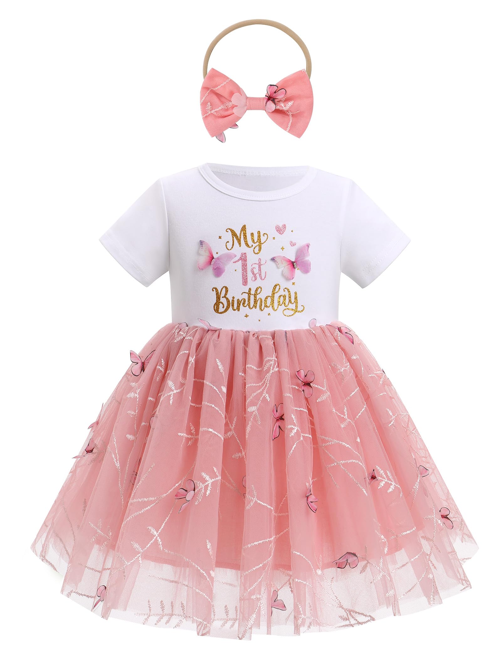 Tenue de premier anniversaire pour bébé fille - Robe tutu à manches courtes en tulle avec nœud et bandeau - Broderie florale - Vêtements de baptême pour nouveau-né