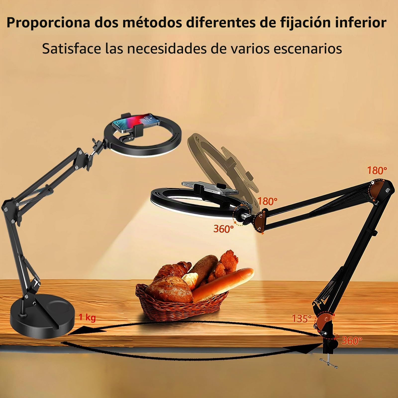 Aro de Luz con Tripode con Dos Bases, Brazo 10" Ring Light con 3 Modos 10 Brillos Regulables Anillo de Luz para TikTok, Maquillaje, Selfie, Streaming, Youtube, Twich Live(Sin Control Remoto)