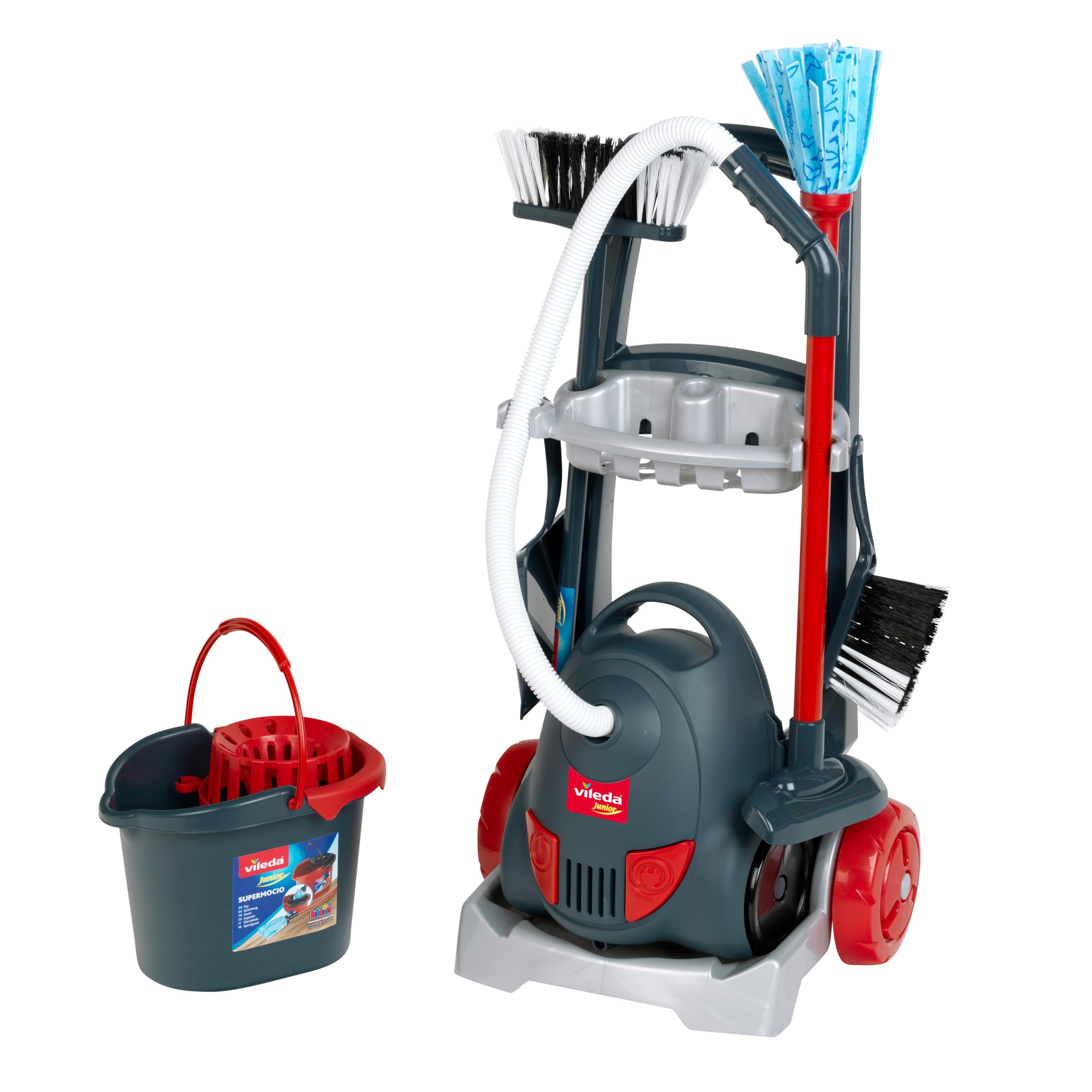Theo Klein 6847 Aspirapolvere Vileda con Carrello per Le Pulizie | Set di Pulizia a 7 Pezzi con Suono Realistico | Giocattolo per Bambini dai 2 Anni