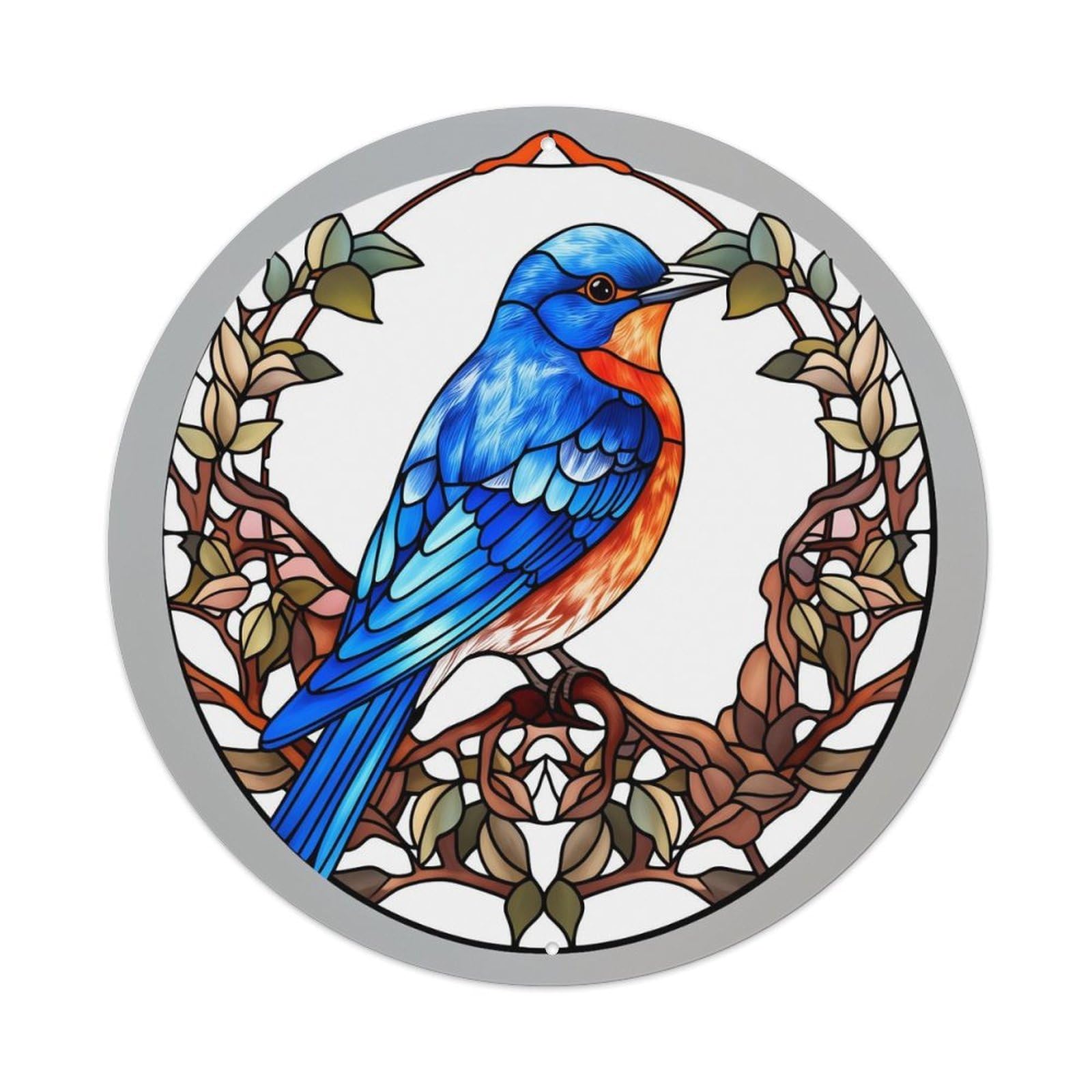 Stained Glass Blue Bird Wreath Vintage Metal Tin Sign Retro Wall Decor for Home Bar Garage Cafe, Indoor & Outdoor Decorative，circle Metal Poster, 8x8 Inch