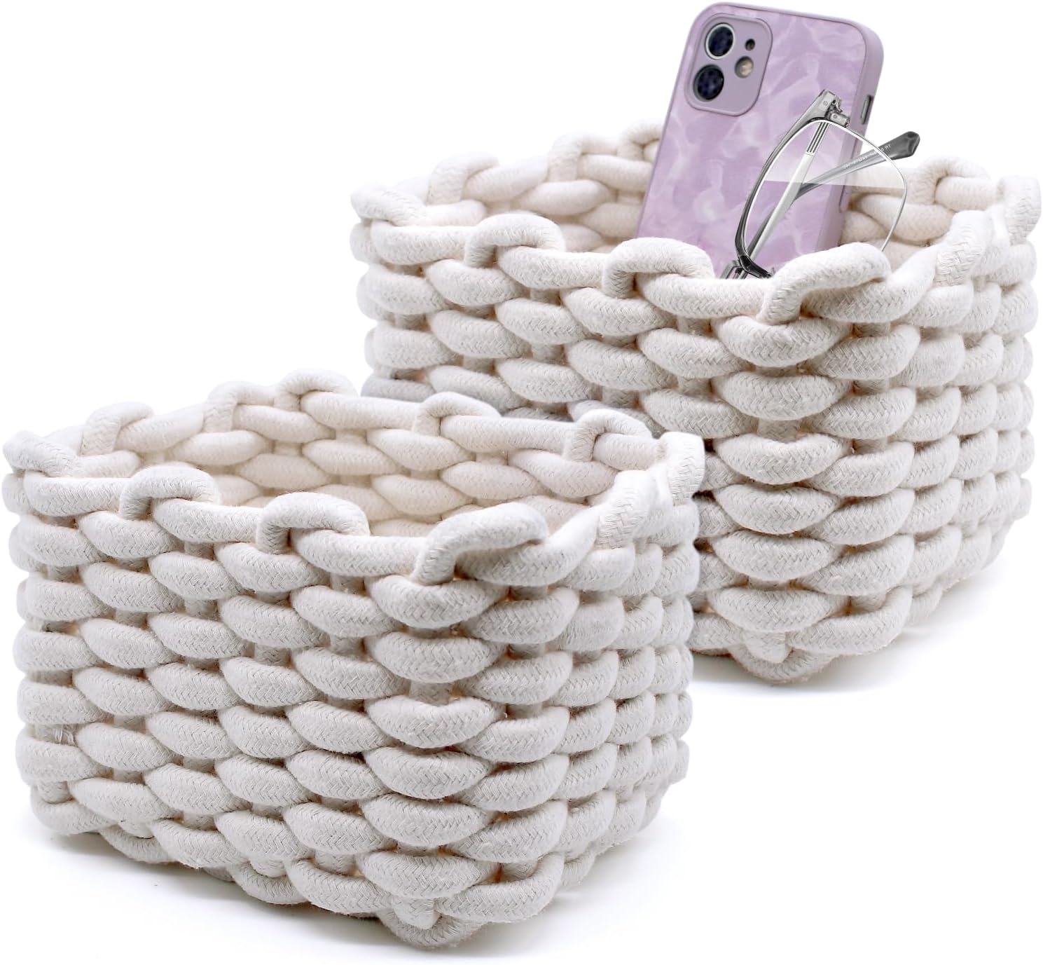 2 x Crochet Woven Storage Baskets 19 x 15 x 12 cm Small Organizer Storage Baskets Woven Cotton Storage Baskets for Nursery Living Room Bedroom
