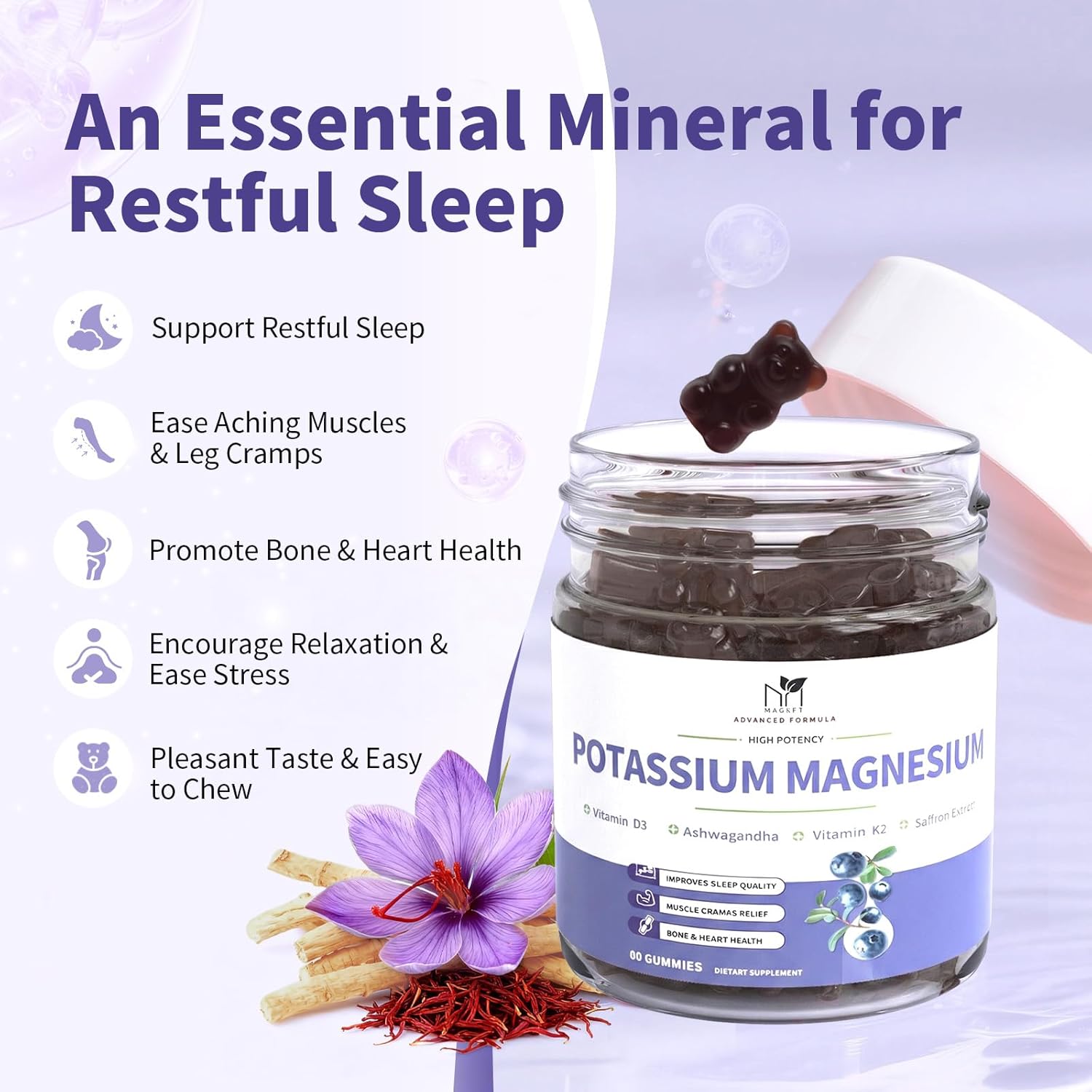 2 Pack Potassium Magnesium Gummies, Sugar-Free Potassium Gummies with Magnesium Glycinate 500mg Chewable Potassium Magnesium Supplements with Calcium, Zinc & Vitamins to Support Leg Muscle Relaxation - Image 8