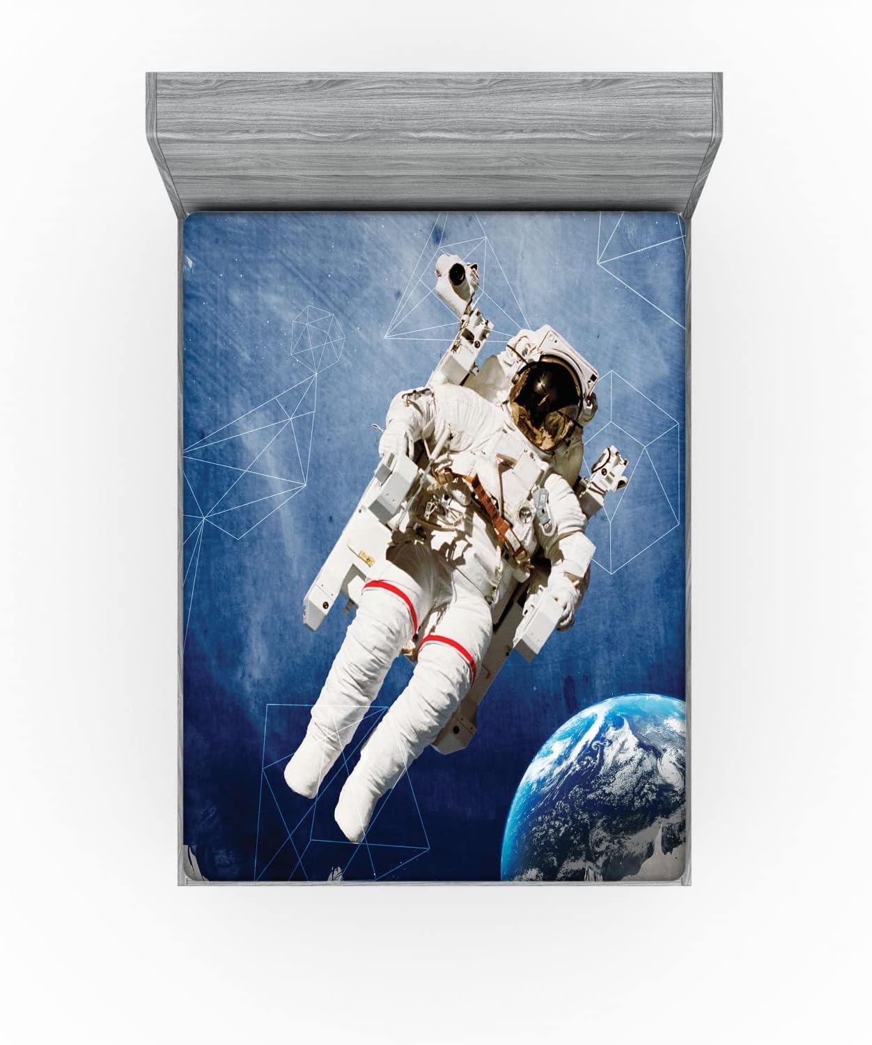 Ambesonne Galaxy Fitted Sheet, Grunge Astronaut and Planet Earth with Geometric Digital Art Watercolor Print, Soft Decorative Fabric Bedding All-Round Elastic Pocket, Queen Size, Blue and Grey