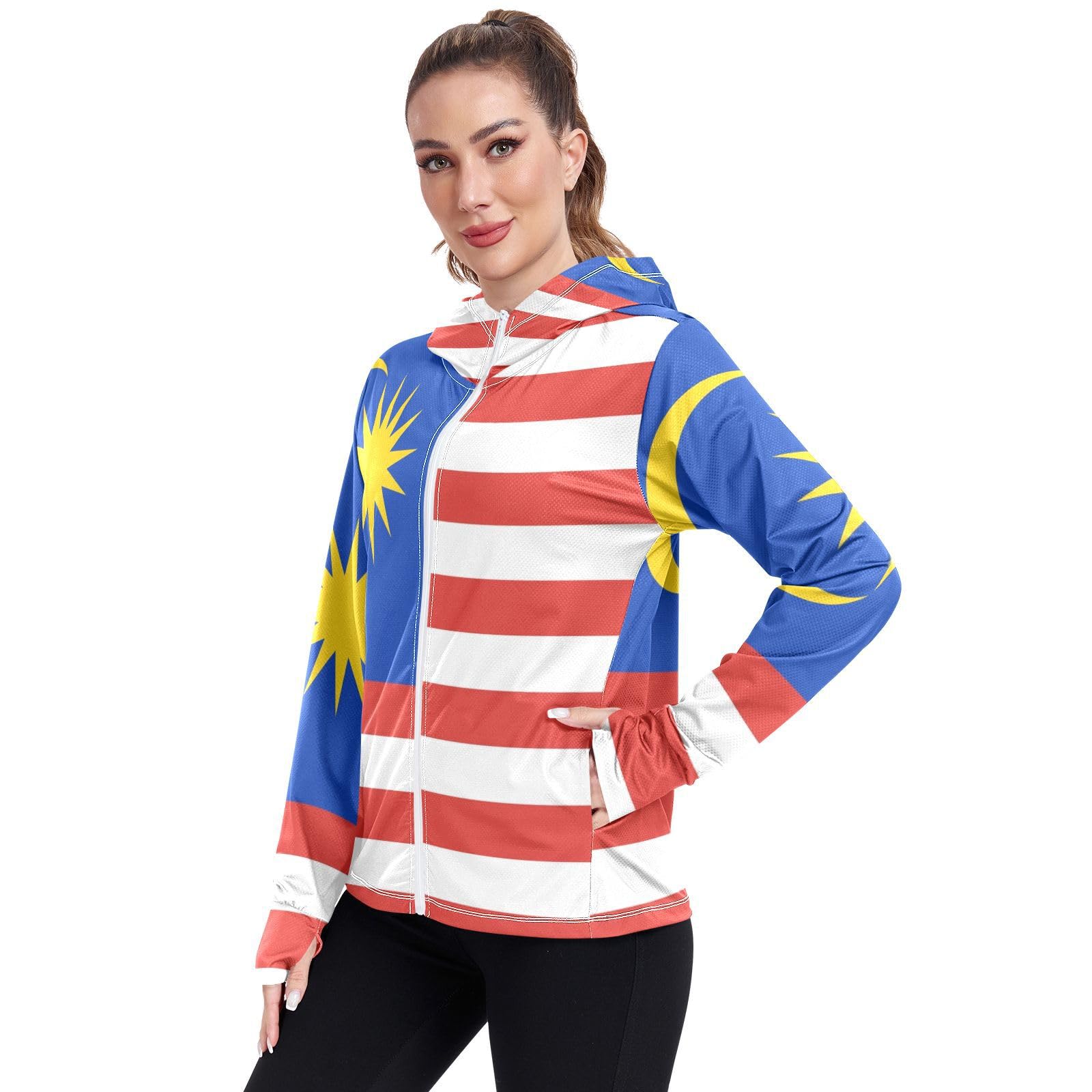 Malaysia Flag Womens UPF 50+ Sun Protection Hoodie Jacket Lightweight Long Sleeve Sun Shirt with Pocket Multicoloured