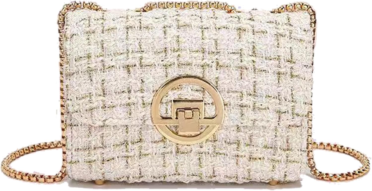 Small Quilted Crossbody Bag for Women, Designer Trendy Chain Clutch Mini Evening Shoulder Bag, Tweed Purse for Women