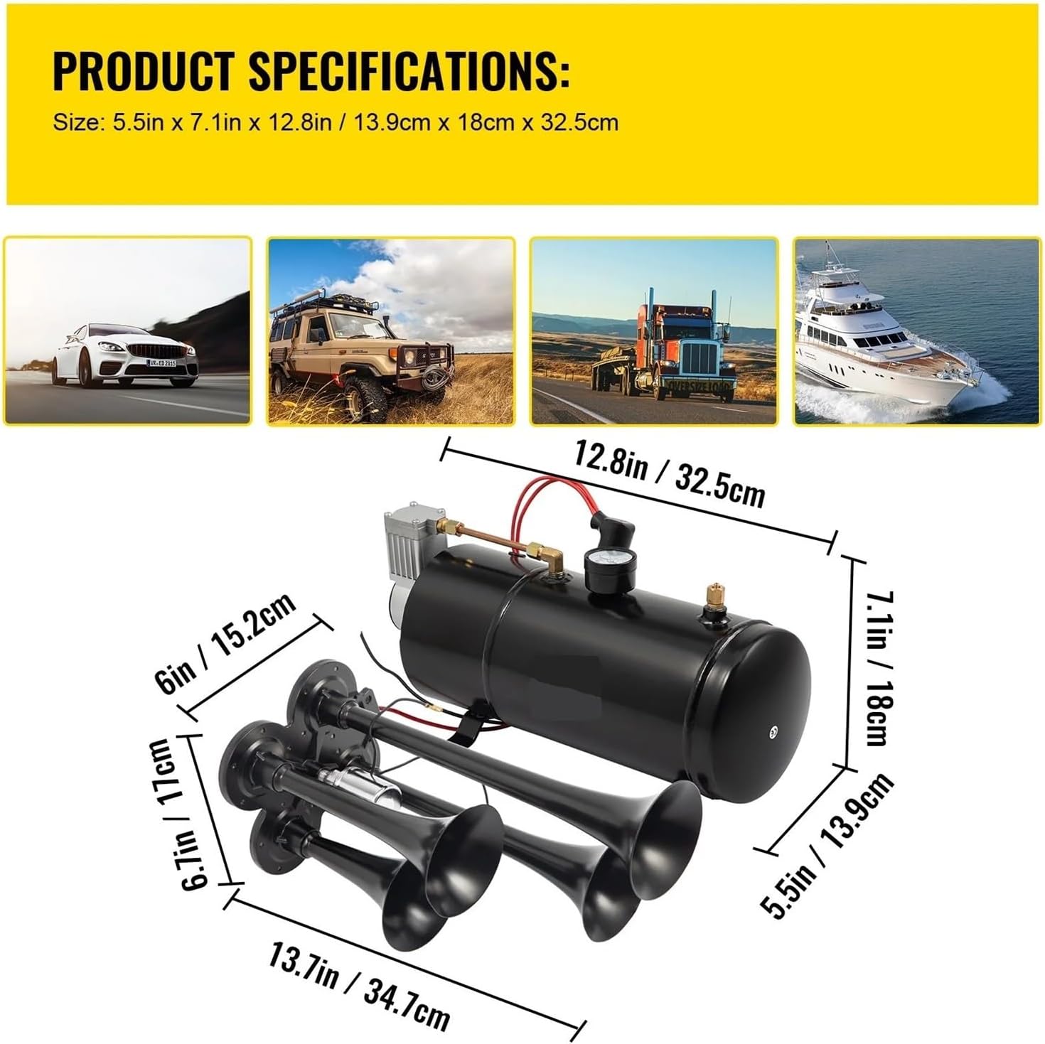 150DB Train Horns Kit Compatible with Trucks Super Loud with 120 PSI 12V Air Compressor 4 Trumpet Air Horn Compressor Tank