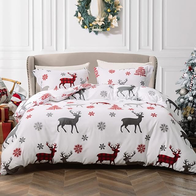 MILDLY Christmas King Size Bedding Sets, Xmas Holiday Print Soft Warm Cozy King Size Duvet Cover, Snowflake Elk Reindeer Deer Home Decor Red and White King Size Duvet Cover Sets