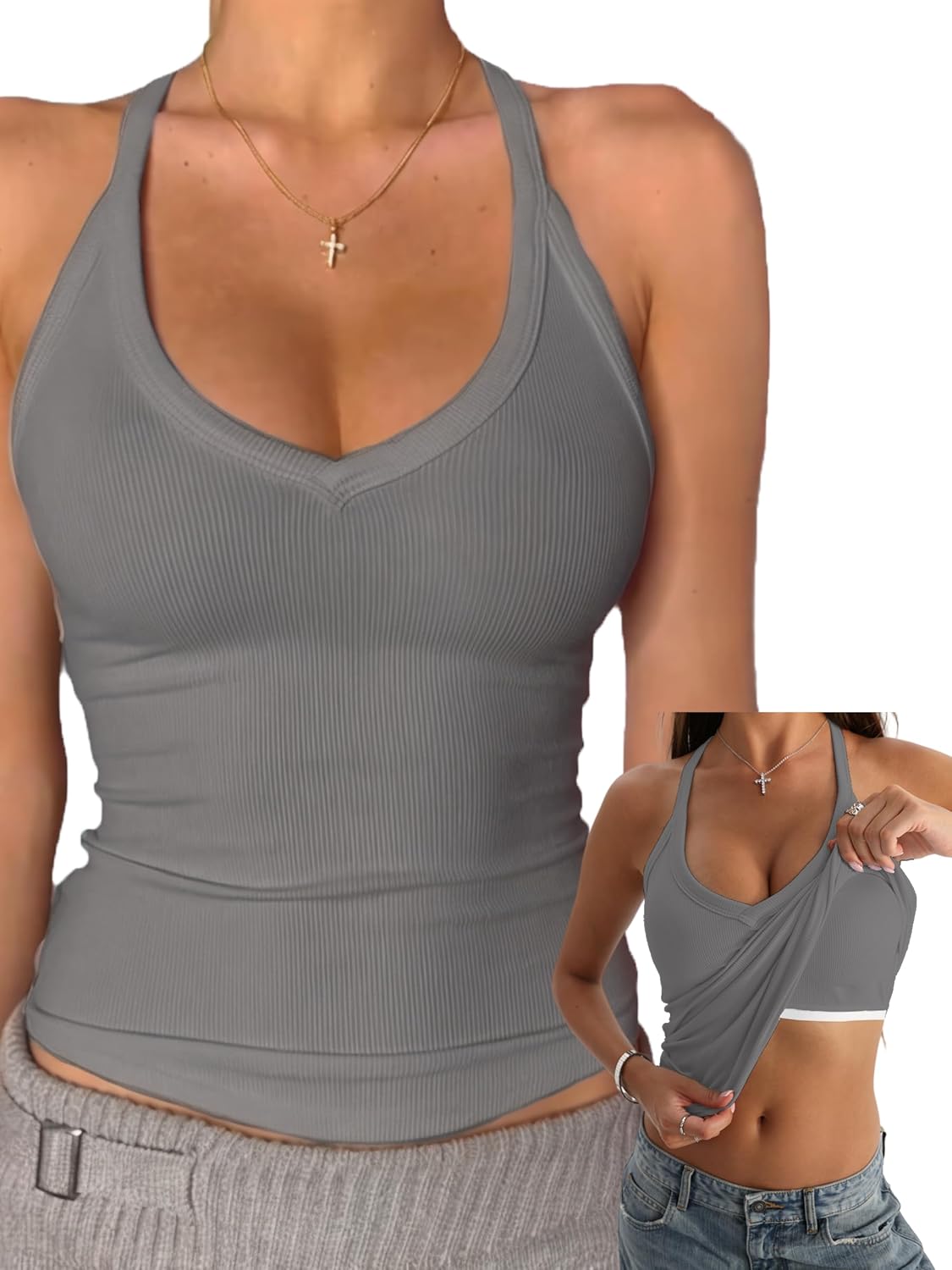 V Neck Cotton Tank Tops with Built-in Shelf Bra Sleeveless Racerback Fitted Basic Cami Shirts