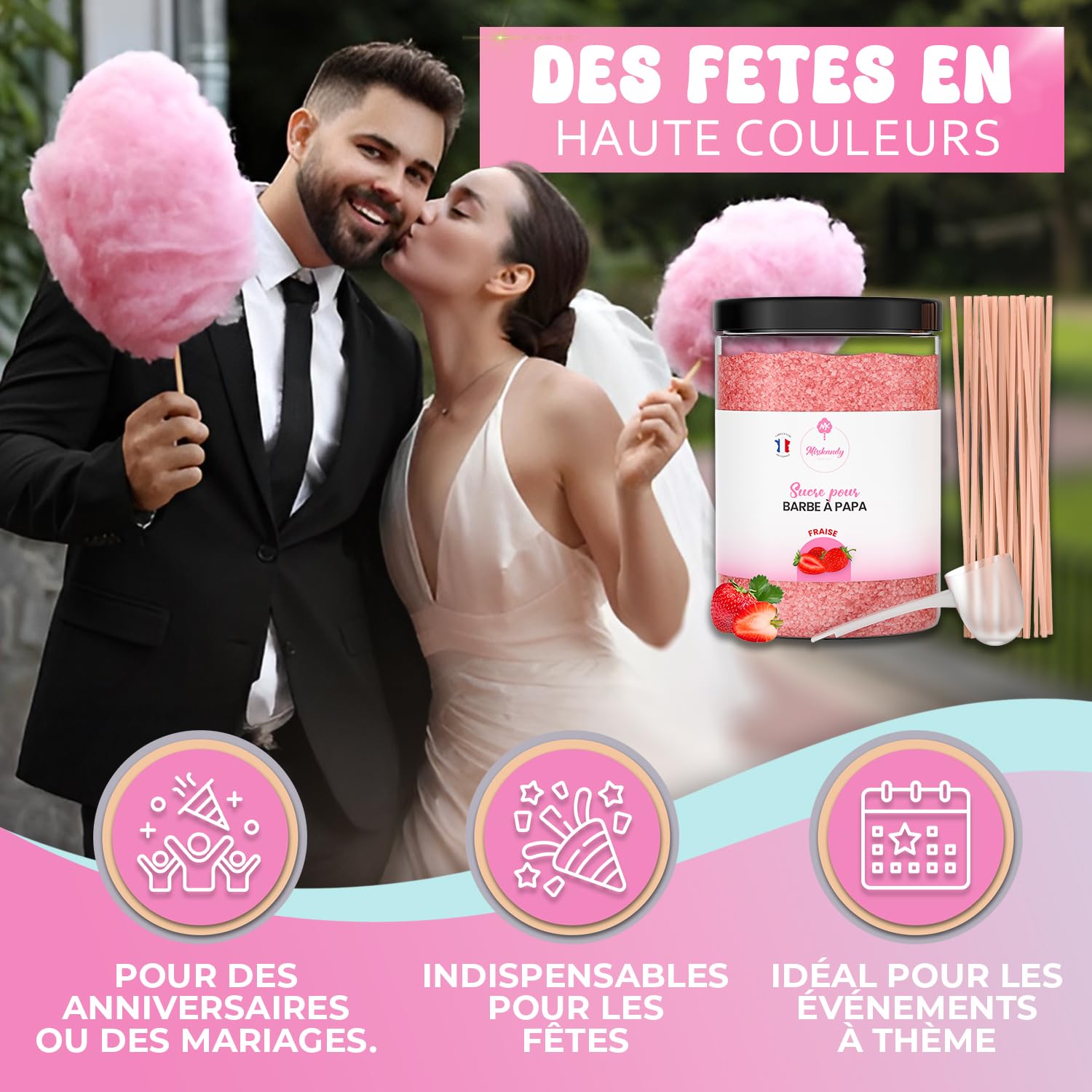 Misskandy®-Sucre Barbe à Papa Fraise 1,340kg (Arôme et Colorant Naturel), pour Machine/poudre barbapapa + 50 bâtonnets (offerts) / Fabriqué en France
