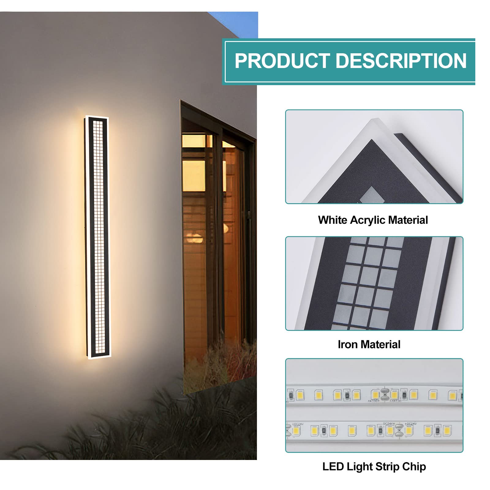 AYOERUN OutdoorWall Sconce 50W LED Modern Wall Lights Black Exterior Wall Light Fixture Acrylic Wall Lighting are Suitable for Porch, Living Room, Patio,Aisle(51.2in)