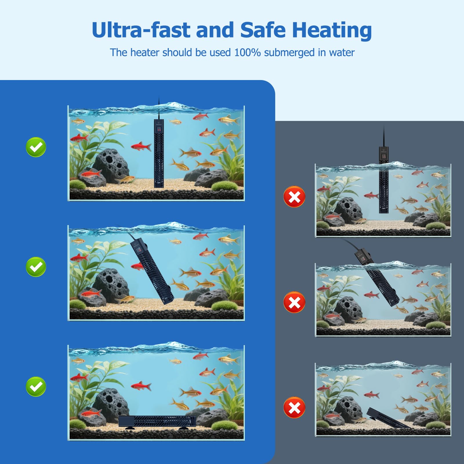 fishkeeper Chauffage d'aquarium submersible réglable de 25 W/50 W/100 W/200 W/300 W pour aquarium d'eau salée et d'eau douce avec affichage numérique LED et protection contre la surchauffe