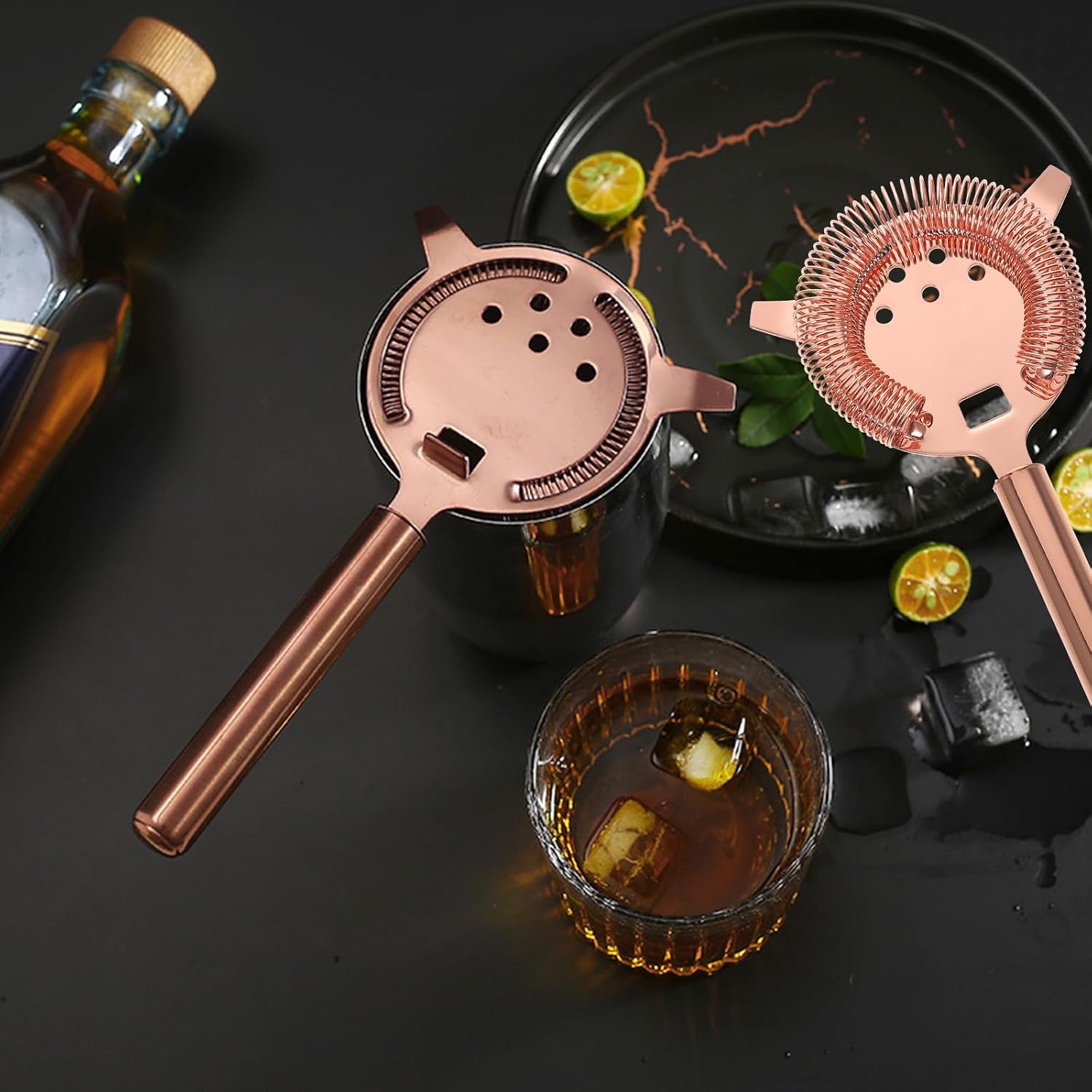 Garneck Stainless Steel Cocktail Strainer with Spring Small Mesh Filter Bar Strainer for Bartenders Rose Gold Ice Filtering Tool for Home Bar and Cocktail Mixing