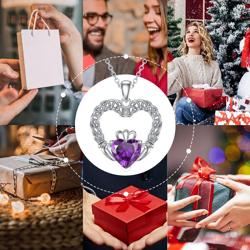 LONAGO Irish Claddagh Necklace Sterling Silver Claddagh Heart Necklace with Synthetic Birthstone Gift for Women