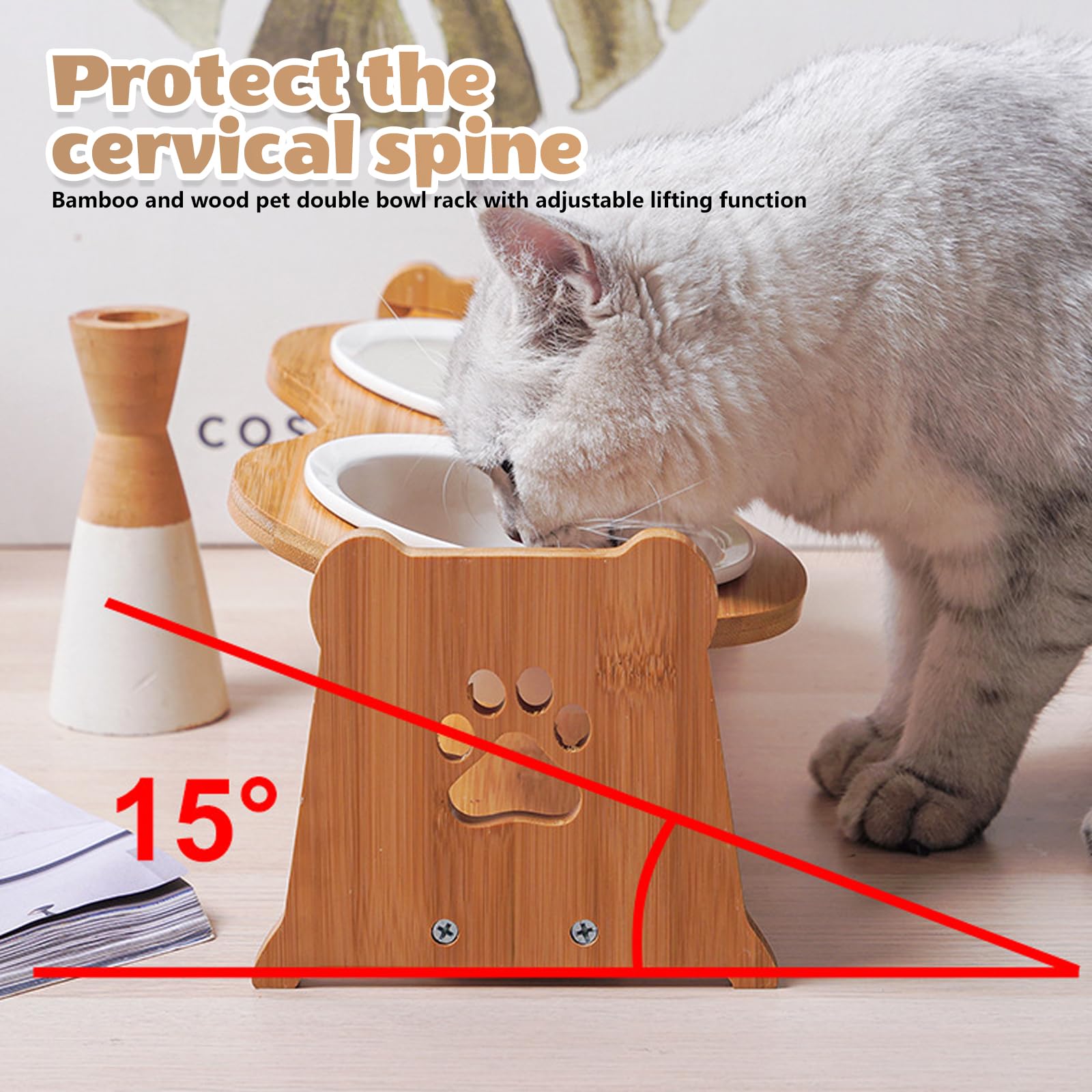 Comedero para perros elevado, soporte ajustable para perros, antideslizante, altura ajustable, 15 ° de inclinación y protege las articulaciones, estación de alimentación de madera, comedero para