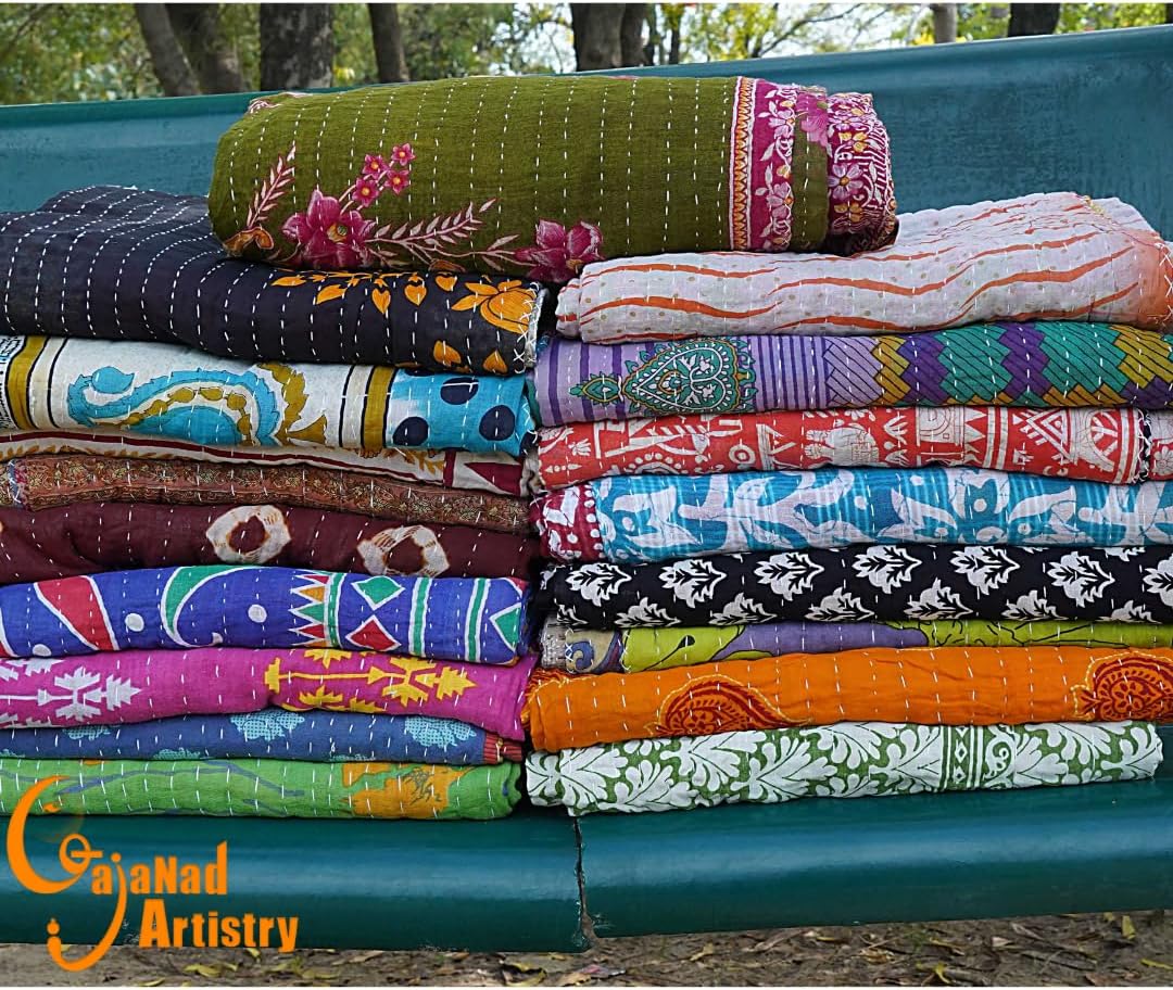 5 Piece Set Handmade Indian Vintage Kantha Quilts Reversible Bohemian Home Decor Blanket Bed Sheet Quilt for Sale – Assorted Color Twin Size 85X55 Inches
