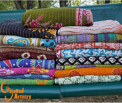5 Piece Set Handmade Indian Vintage Kantha Quilts Reversible Bohemian Home Decor Blanket Bed Sheet Quilt for Sale “ Assorted Color Twin Size 85X55 Inches