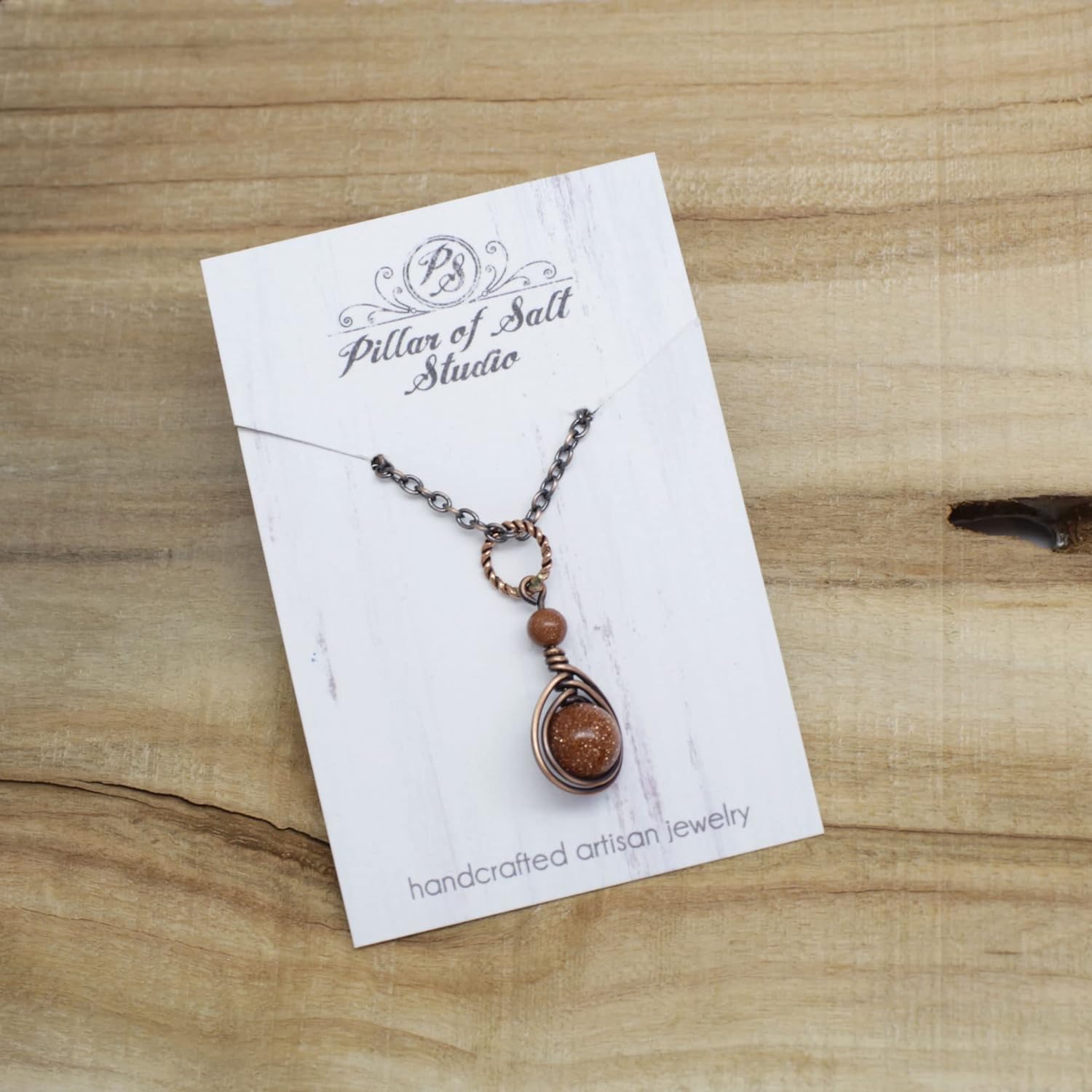 Pillar of Salt Studio Handcrafted Brown Goldstone Glass Small 1" Pendant Copper Wire Wrapped Necklace (18" Chain)