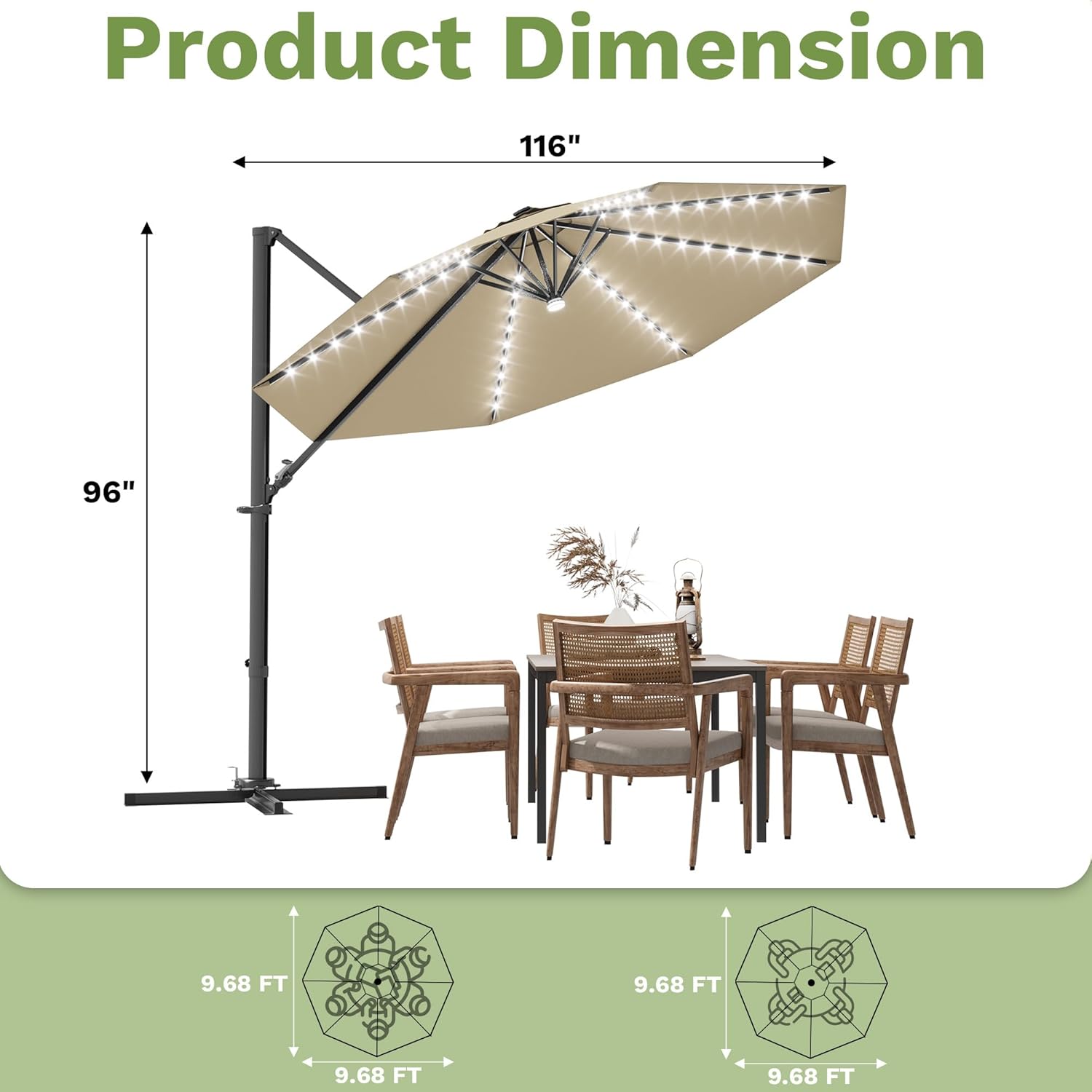 Patiowell 10 FT Patio Umbrella with Solar LED Light, Outdoor Cantilever Umbrella with 360 Degree Rotation, Outside Large Round Sun Umbrella with Frame for Backyard Garden Poolside, Beige