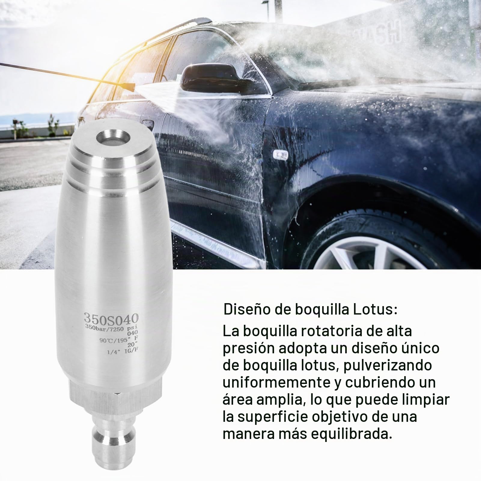 Boquilla giratoria de alta presión, boquilla turbo giratoria para lavadora de alta presión, 350 bar, acero inoxidable, acoplamiento rápido de 1/4 pulgadas, juego de boquilla rociadora, para coche