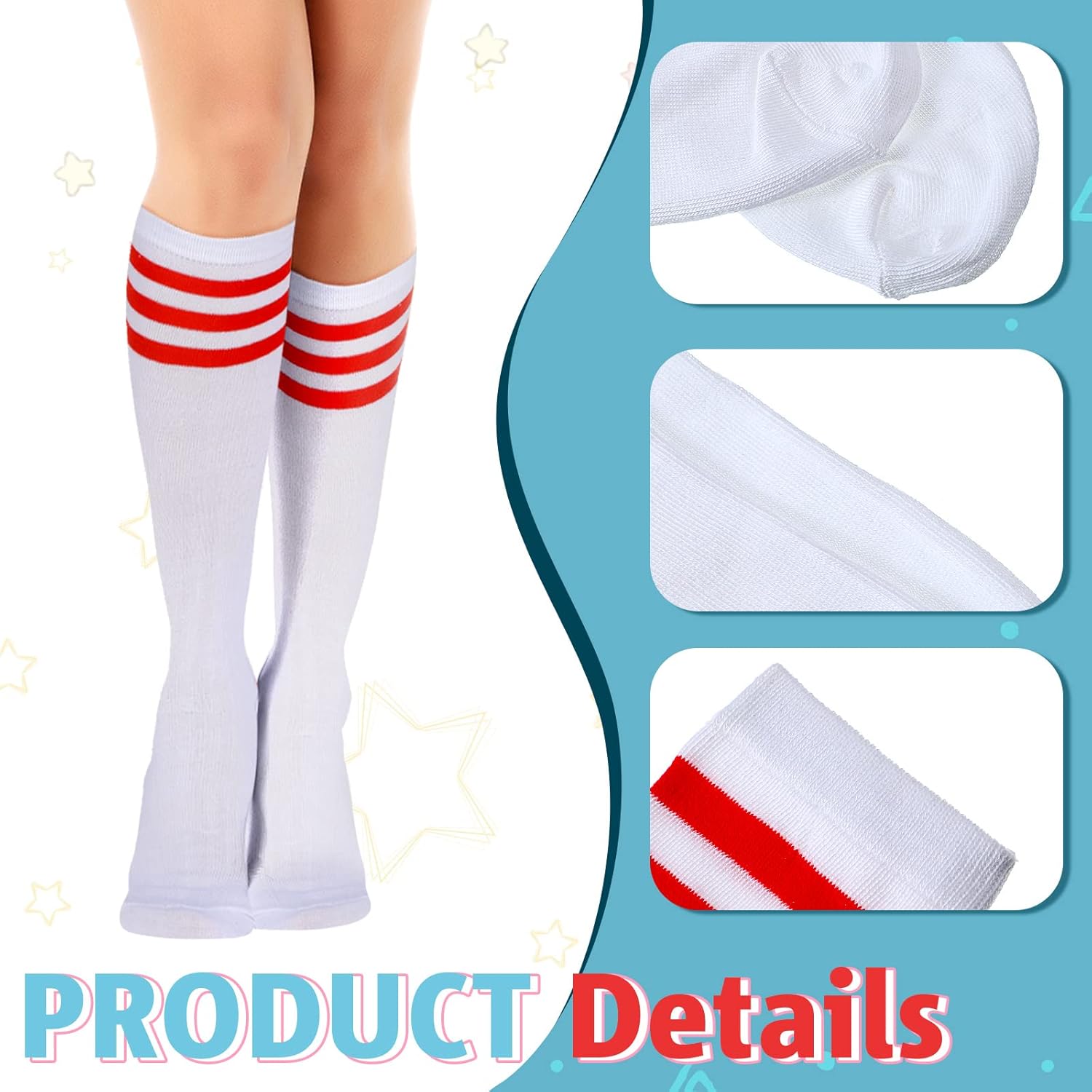 Unittype 6 Pair Knee High Socks, Thigh High Triple Stripe Long Tube Roller Skate Skating Socks Leg Warmer Stocking for Daily Wear, Cosplay, Sports Meet, Holiday Gifts - Image 4