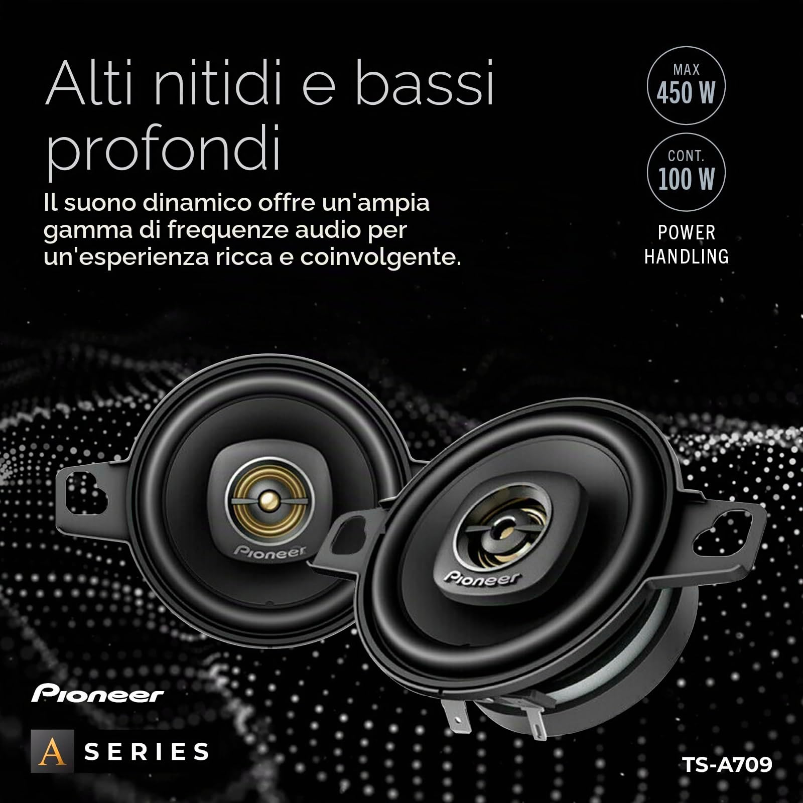Pioneer TS-A709 Serie A 2-3/4" Altoparlante coassiale a 2 vie 450 Watt Max Power con tweeter da 16 mm - coppia, nero | Ottimo pezzo di ricambio, suono equilibrato e alti lisci, facile installazione