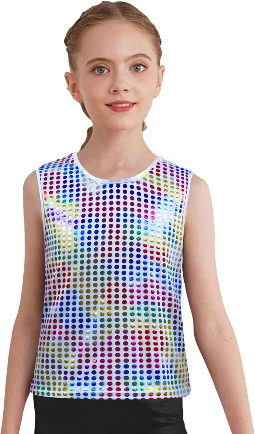 Jugaoge Kids Girls Shiny Metallic Sleeveless Tank Tops Jazz Hip Hop Street Dance Tops Sparkly Dancewear