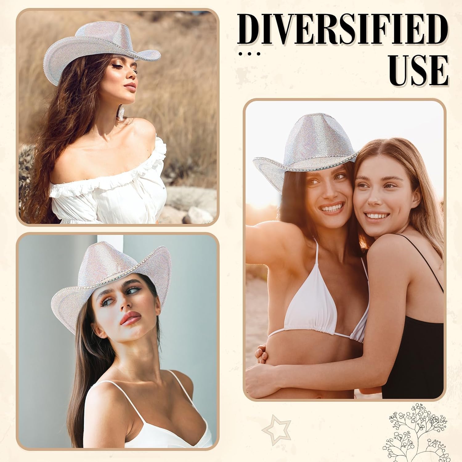 Hercicy Rhinestone Cowboy Hat with Diamond Fringe CowHat for Cosplay Wedding circumference between 21.5 and 23.5 inches