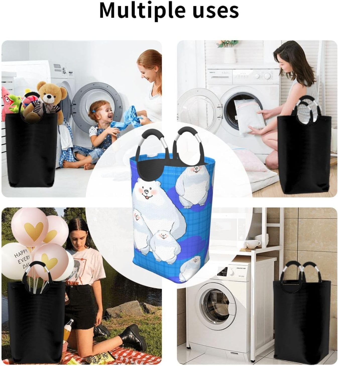White Bear Family Foldable storage bag, 50L capacity, suitable for laundry room, dormitory bedroom, dirty clothes storage basket.