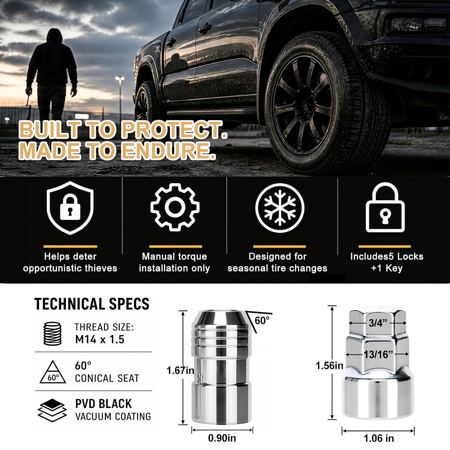 Wheel Lock Set, M14x1.5 Thread, 20/21mm Hex Closed End Cone Seat, Alloy Steel Chrome Plated, Anti-Rust Anti-Theft Wheel Locks, Easy Installation, Set of 5