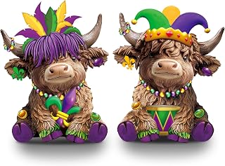 Karenhi 2 Pcs Highland Cow Resin Figurines, Mardi Gras Decor for Shelf | Cute Tabletop Statues, Purple Green Gold Theme, Kitchen Decor Accent, Home Office Desk Ornaments, Holiday Display