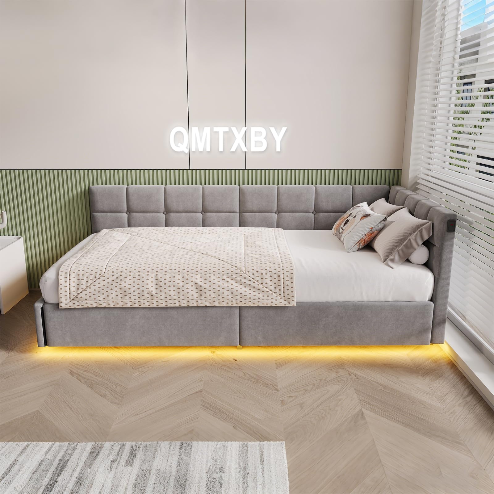 Łóżko dziecięce 90 x 200 z oświetleniem LED i gniazdem USB, hydrauliczne miejsce do przechowywania, sofa 90 x 200 z wymiennymi ścianami bocznymi, łóżko tapicerowane z platformą, aksamit