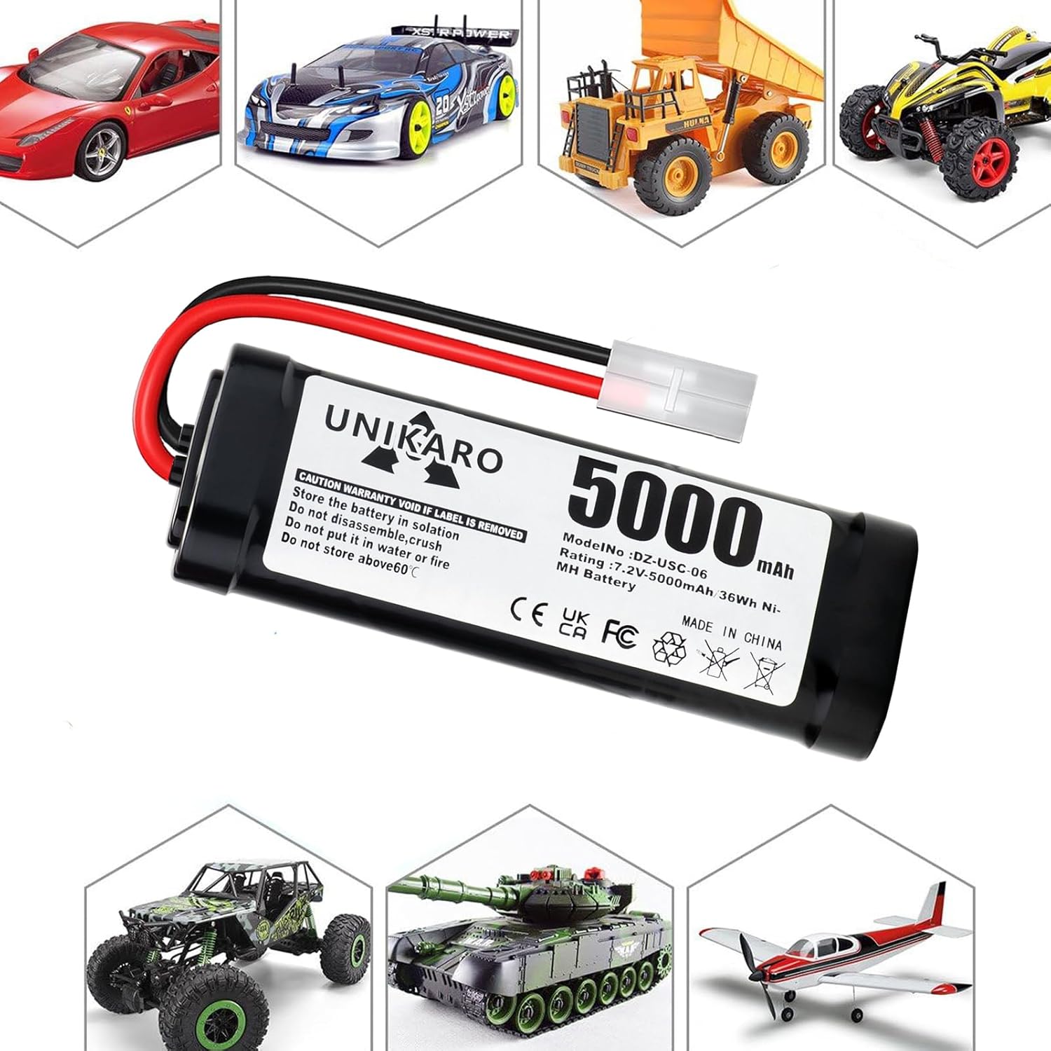 7.2 V 5000 mAh NiMH RC Battery Racing Pack for Model Cars, Cars, Planes, Robots (Toys), Boats, High Performance RC Battery Pack (Tamiya)