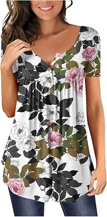 Womens Tops Hide Belly Tunic Summer Short Sleeve T Shirts Flowy Henley Tshirt Casual Dressy Blouses for Leggings