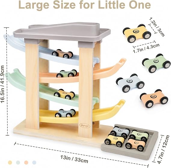 Joyreal Montessori Toddler Toys for 1+ Year Old Boys Girls Wooden Car Ramp | 4 Level Race Track, 4 Mini Cars & 2 Garages, Educational Toy Vehicle for Ages 1-2, Christmas/First Birthday Gift, Soft Color