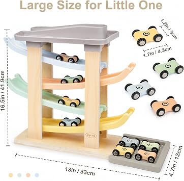 Joyreal Montessori Toddler Toys for 1+ Year Old Boys Girls Wooden Car Ramp | 4 Level Race Track, 4 Mini Cars & 2 Garages, Educational Toy Vehicle for Ages 1-2, Christmas/First Birthday Gift, Soft Color