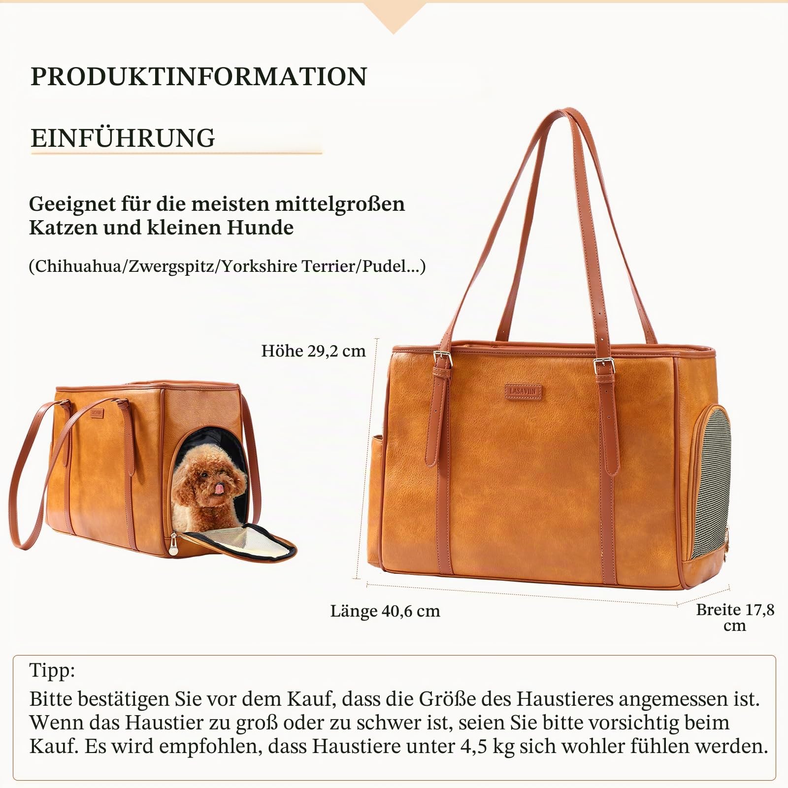 Lasaviin Modische Hunde-Geldbörse, Haustier-Tragetasche, Ledertasche für kleine Hunde, Katzen, Welpen, tragbare Tragetasche, von Fluggesellschaften zugelassen, weiche Seiten, Braun