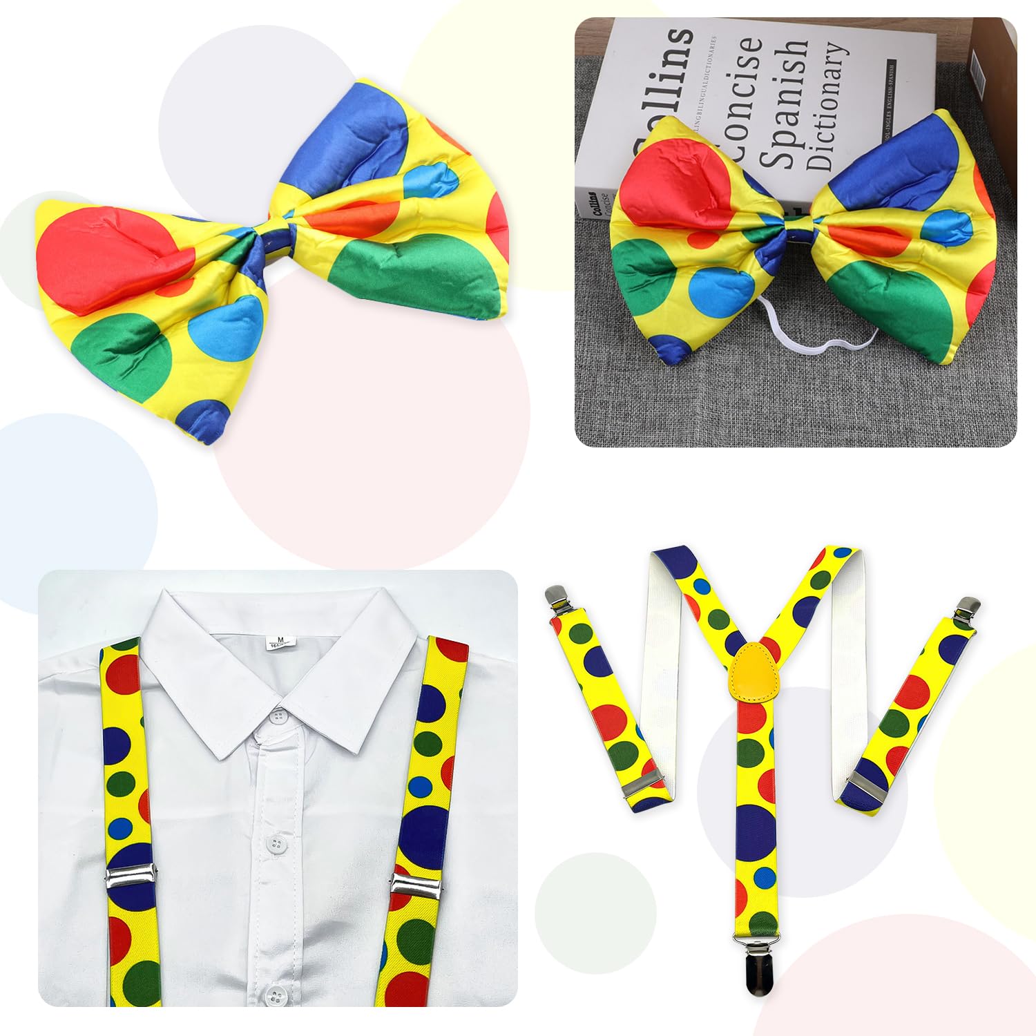 RmKbe 2pcs Clown Costume Set Polka Dot Clown Trouser Braces Rainbow Bow Tie Adjustable Suspenders Party Dress up Accessories for Halloween Cosplay - Image 3