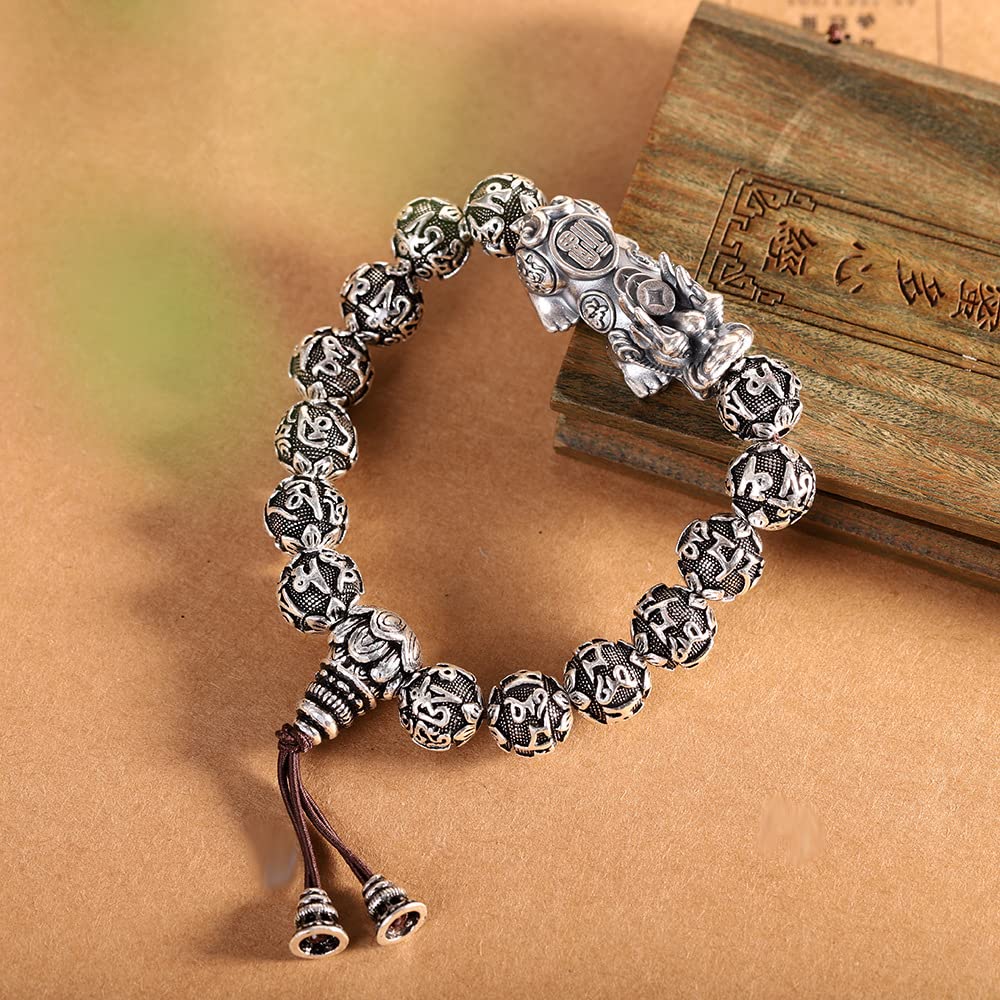Pulsera de Plata Joyas de Plata Brazalete de Plata de Ley 925 Pulsera de Gato de la Suerte de Plata Tailandesa Retro Pulsera de Cuentas de Buda
