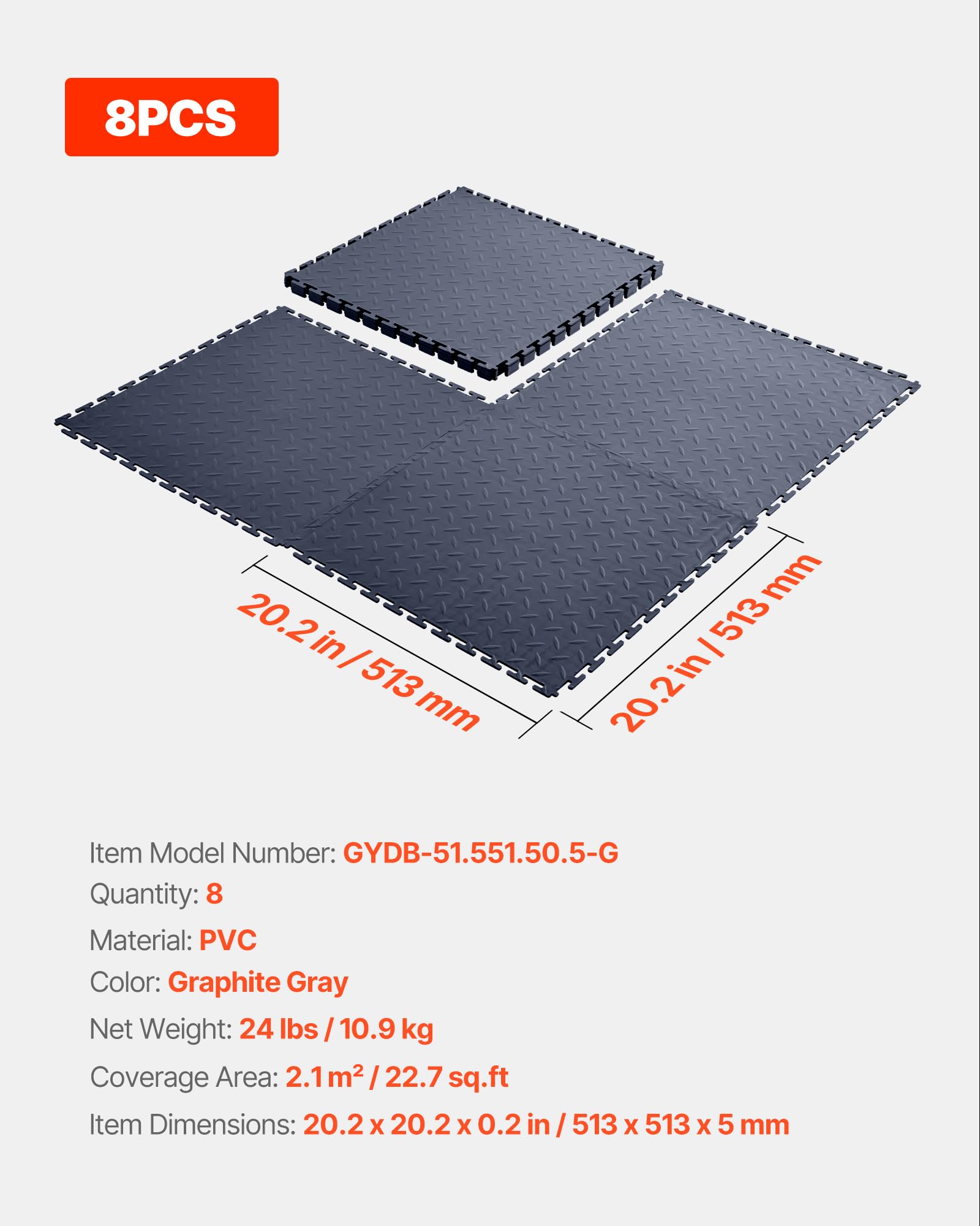 VEVOR Płytki garażowe, zestaw 8 sztuk, modułowe wykładziny garażowe 513 x 513 x 5 mm, maty antypoślizgowe z PCW, do garażu, warsztatu, magazynu, pomieszczeń narzędziowych, grafitowo-szary