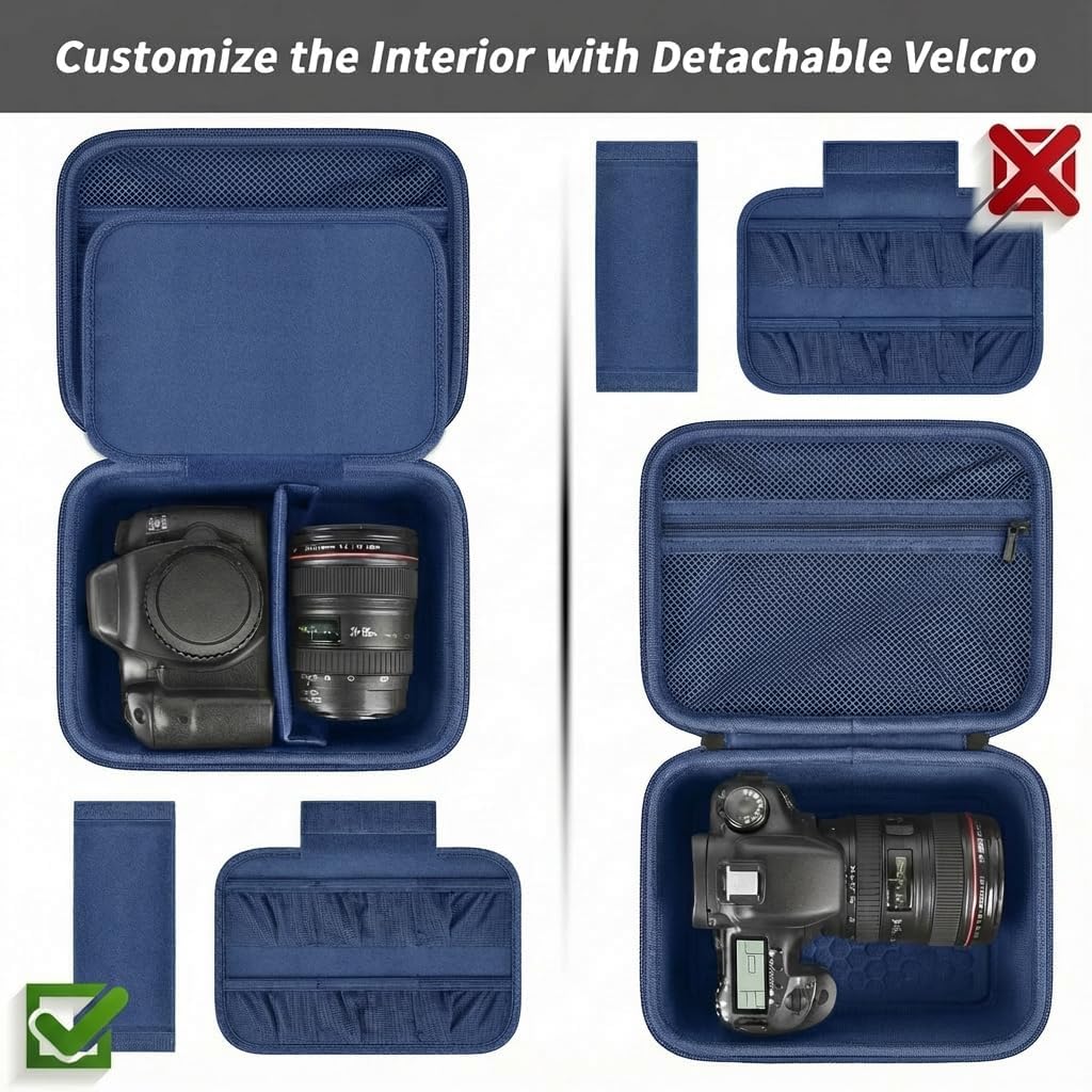 Comecase Hard Camera Case for Canon EOS Rebel T7 R50 R100 R10 R5 R6 R8 Mark II, DSLR Mirrorless Camera Bag with 6 Slots &Adjustable Divider for Lens and Accessories, Travel Storage, Dark Blue