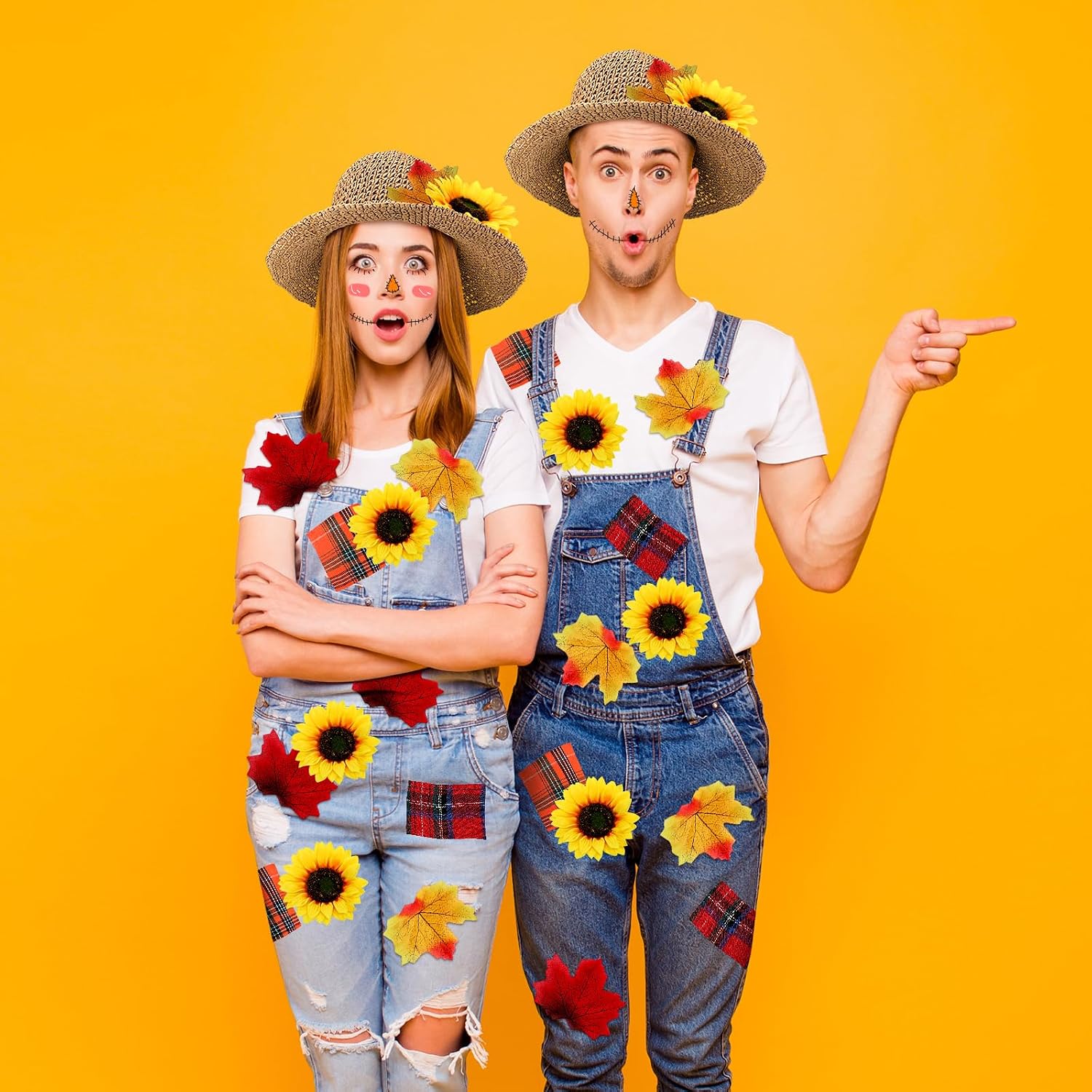 Berlune Halloween Scarecrow Costume Women Fall Straw Costume Adults Farmer Accessories Straw Hat Fake Sunflowers Fall Leaves Autumn Colorful Gingham for Thanksgiving Party Cosplay