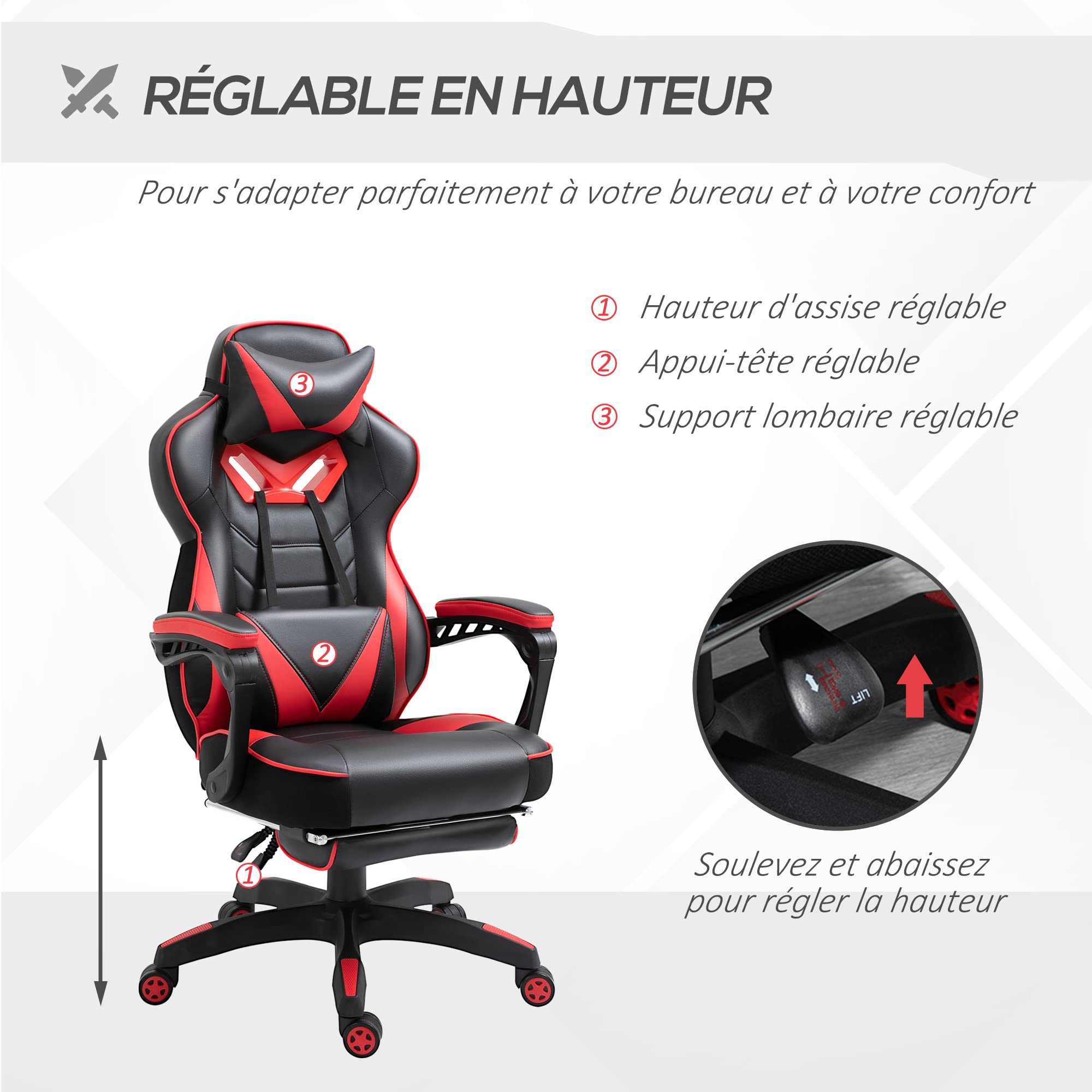 Vinsetto Chaise Gaming Ergonomique, Fauteuil de Bureau, Noir et Rouge