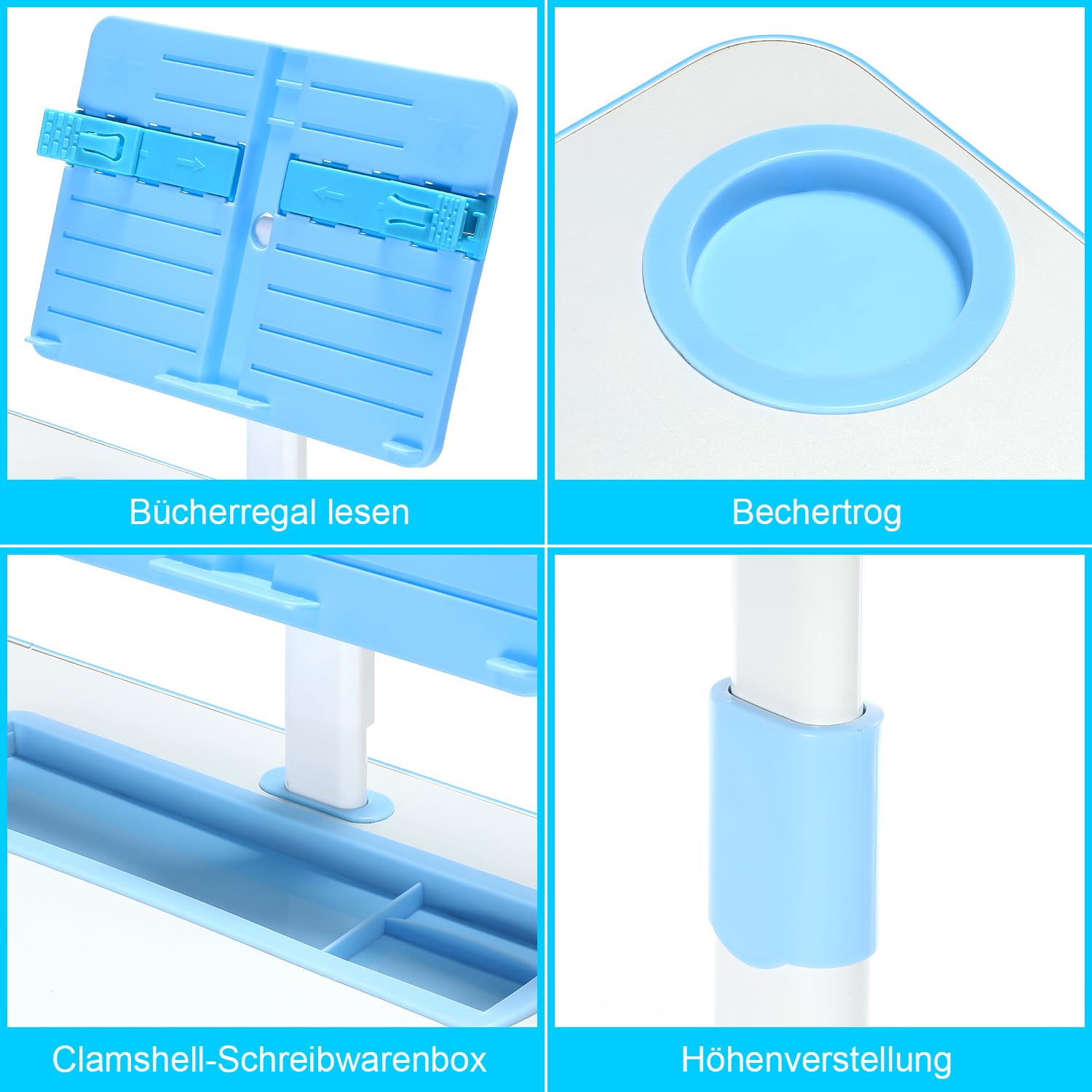 Kinderschreibtisch Set mit Bücherständer & LED-Licht, höhenverstellbarer Kindertisch und Stuhl mit Tischplatte & Schublade, Kinder Schreibtisch für Jungs & Mädchen (Blau), FA0021